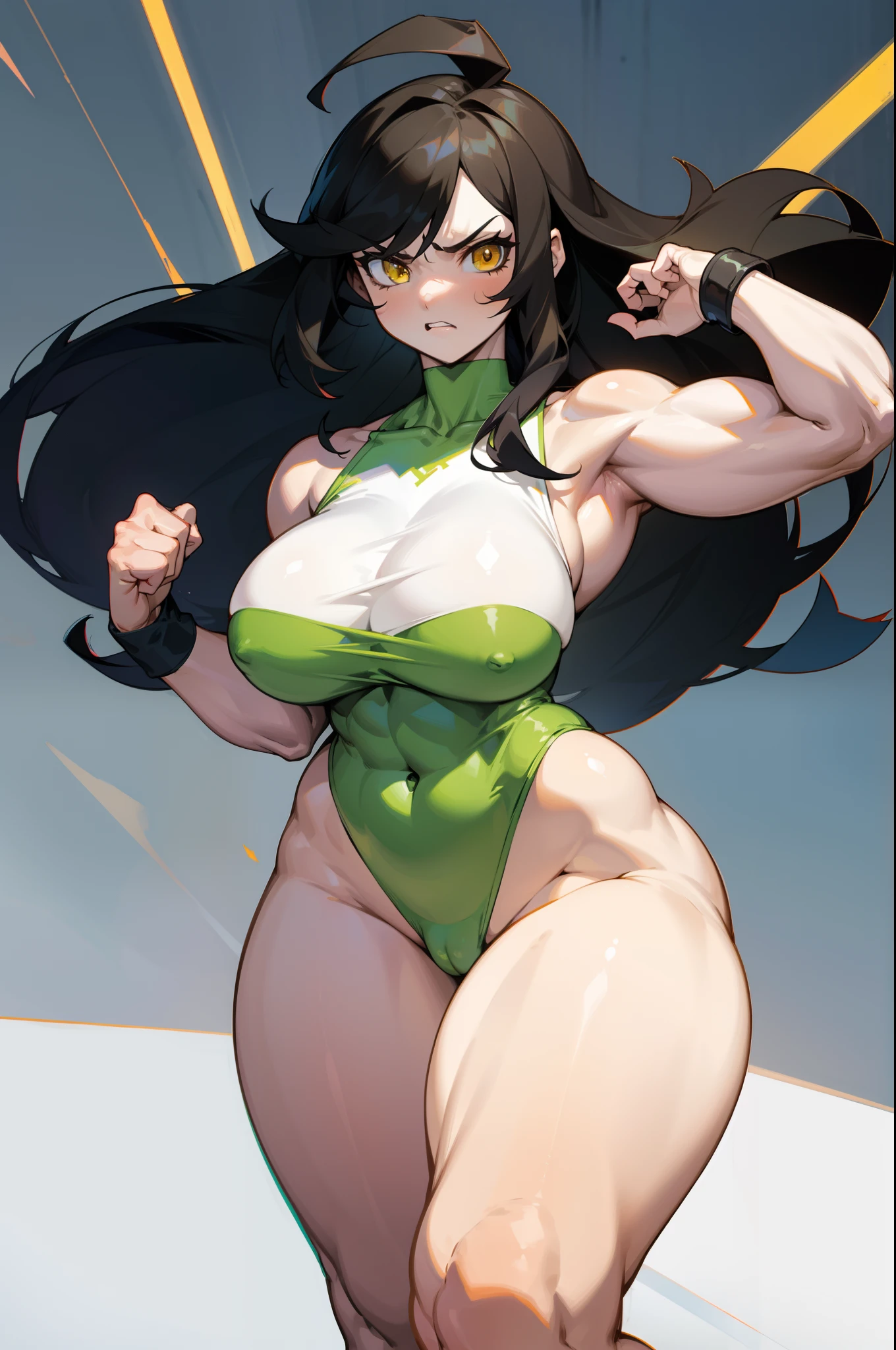 muscular 1 girl thick thighs large breasts curvy wide hips, pale skin yellow eyes black hair long hair angry