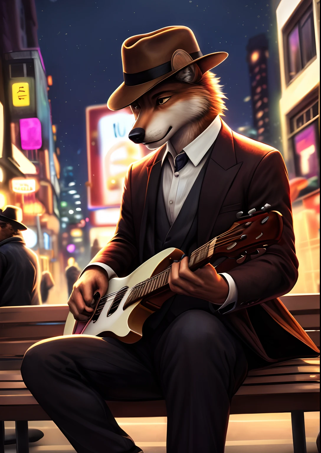 (a well-dressed slim male wolf, wearing a brown fedora hat, playing the guitar while sitting on a bench in the middle of the city), (a well-textured illustration:1.1), (street scene, urban atmosphere, vibrant cityscape), (best quality, highres:1.2), (realistic:1.37), (portrait, urban landscape, musician), (brown color tones, warm tones), (soft lighting, spotlight effect on the musician and guitar), (detailed facial expressions, focused eyes, precise fingers on the guitar strings), (urban surroundings, bustling crowd, other musicians in the background), (bokeh effect, creating depth and a dreamy atmosphere), (melancholic mood, expressive performance), (stylish clothing, tailored suit, formal attire), (fine details, intricate patterns on the clothing and hat), (characteristic features, long and slender fingers), (artistic interpretation, capturing the essence of music and urban lifestyle), (professional rendering, high-quality illustrations), (vivid colors, rich texture), (dynamic composition, capturing the moment of musical inspiration).