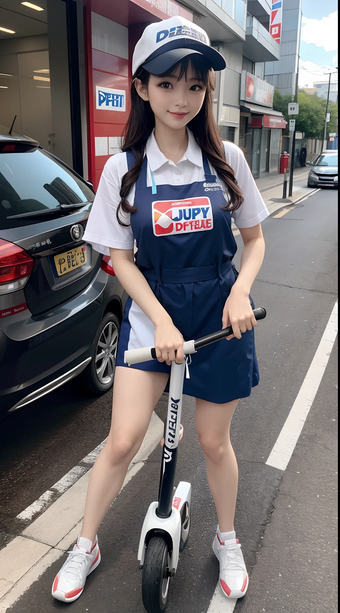{8K Photo Quality:1.2}、{Ultra-high resolution photo quality:1.2}、{Super Real 1.2}、{Perfect limbs}、{japanes}、masutepiece、NSFW、1womanl、Wearing a Domino's Pizza uniform、She's a delivery staff at Domino's Pizza、There are delivery scooters