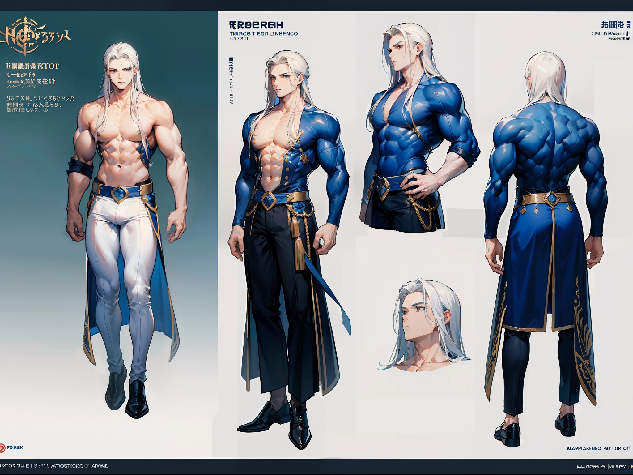 ((Masterpiece, Highest quality)), Detailed face, character design sheet， full bodyesbian, Full of details, frontal body view, back body view, Highly detailed, Depth, Many parts, Muscle boy with long white hair，handsome man, muscle body, navy, commander, man tall, pectoral muscles, abs
