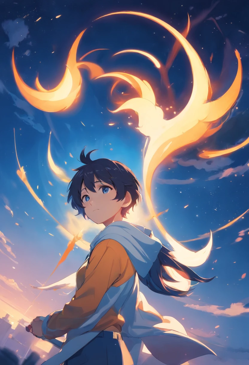 un chico, un chico, a boy, dibujado con estilo anime, cabello corto y azul, cabello corto y azul,, estilo anime, estilo anime, piel morena, two small horns, sudadera negra, dynamic pose, fuego azul en cuerno derecho, cabello azul, ojos amarillos, two small, white horns. Oni. cuerpo completo. Ojos amarillos, cabello azul, piel morena
