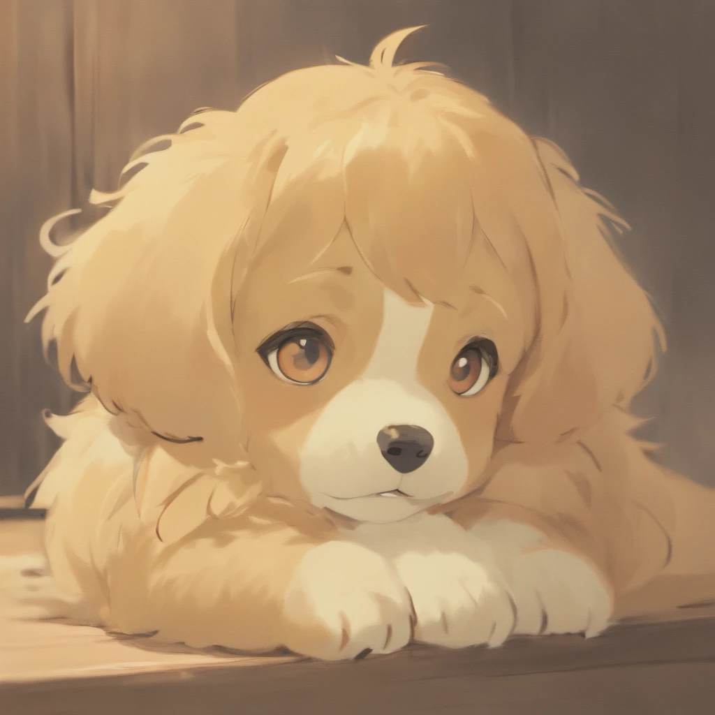 Drawing of a dog with a sad expression, loose pencil sketch, line-drawing, line-drawing!!, Black Ink Rough Sketch,detailed but rough, anime sketch, outline sketch,, professional furry drawing, fluffy face, old sketch, Detailed pencil, simple line art, a drawing, matte sketch、Maltipoo's Baby、Golden Retriever Baby、White puppy、adorable smiling、