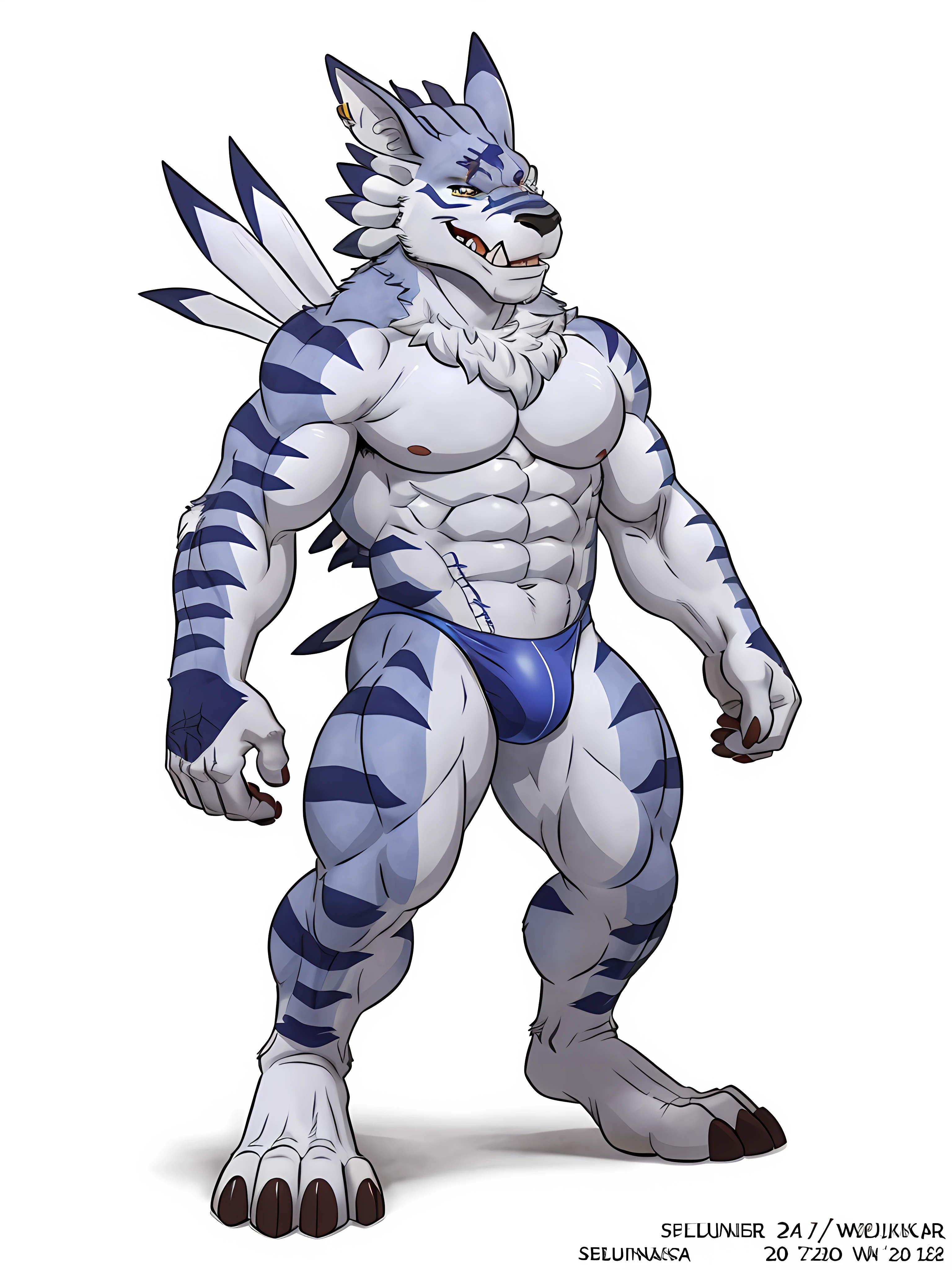 Weregarurumon, 4k, high resolution, best quality, posted on e621, solo, anthro body, male, adult, bare torso very masculine, (very muscular, well defined muscles, strong pectorals, pecs, muscular arms, muscular legs, heavyweight:1.2), correct anatomy, (white background, no background:1.2), (by wfa:1.2), (by spelunker_sal:1.0), (speedos:1.0), (detailed eyes:1.2), (cel shaded, flat coloring, flat shading:1.2), confident, proud, (full body:1.3),