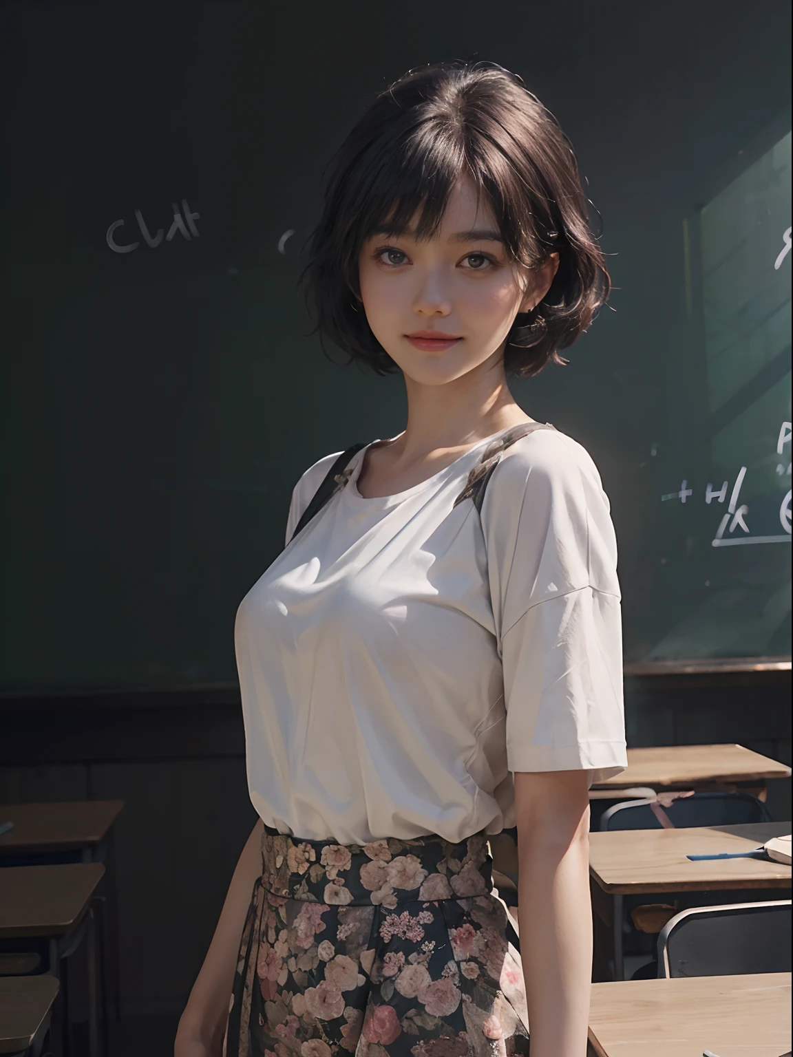 (((Black Shorthair:1.2))),  (a 20 yo woman), (T-shirt design), (Floral clothing), (Breast bulge),((Being in the physics classroom)),  (A hyper-realistic), (Relaxed), (Increased resolution), (8KUHD), (Extremely detailed), (Best Illustration), (Beautiful and detailed eyes), (Best Quality), (ultra-detailliert), (masutepiece ), ( Wallpaper), (Detailed face), Fine details,  Deep Shadows, lowkey,  Smiling,  (Portrait of Einstein), (Portraits of many physicists), (Solving the formula on the blackboard), Standing in front of the blackboard