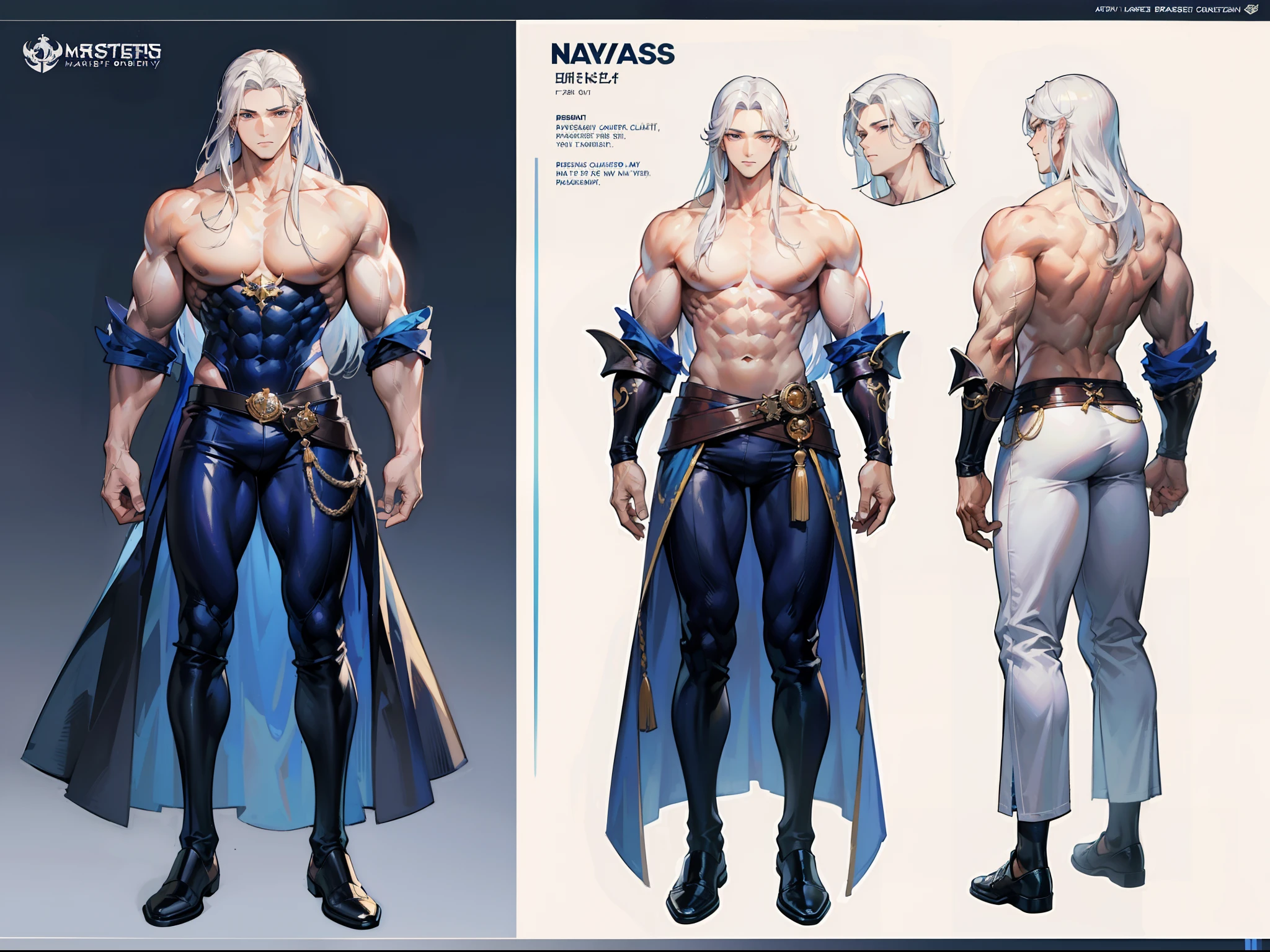 ((Masterpiece, Highest quality)), Male, boy, Detailed face, character design sheet, full bodyesbian, Full of details, frontal body view, back body view, Highly detailed, Depth, Many parts, Muscle boy with long white hair with long bangs,handsome man, muscle body, vampire outfits clothes, man tall, pectoral muscles, abs