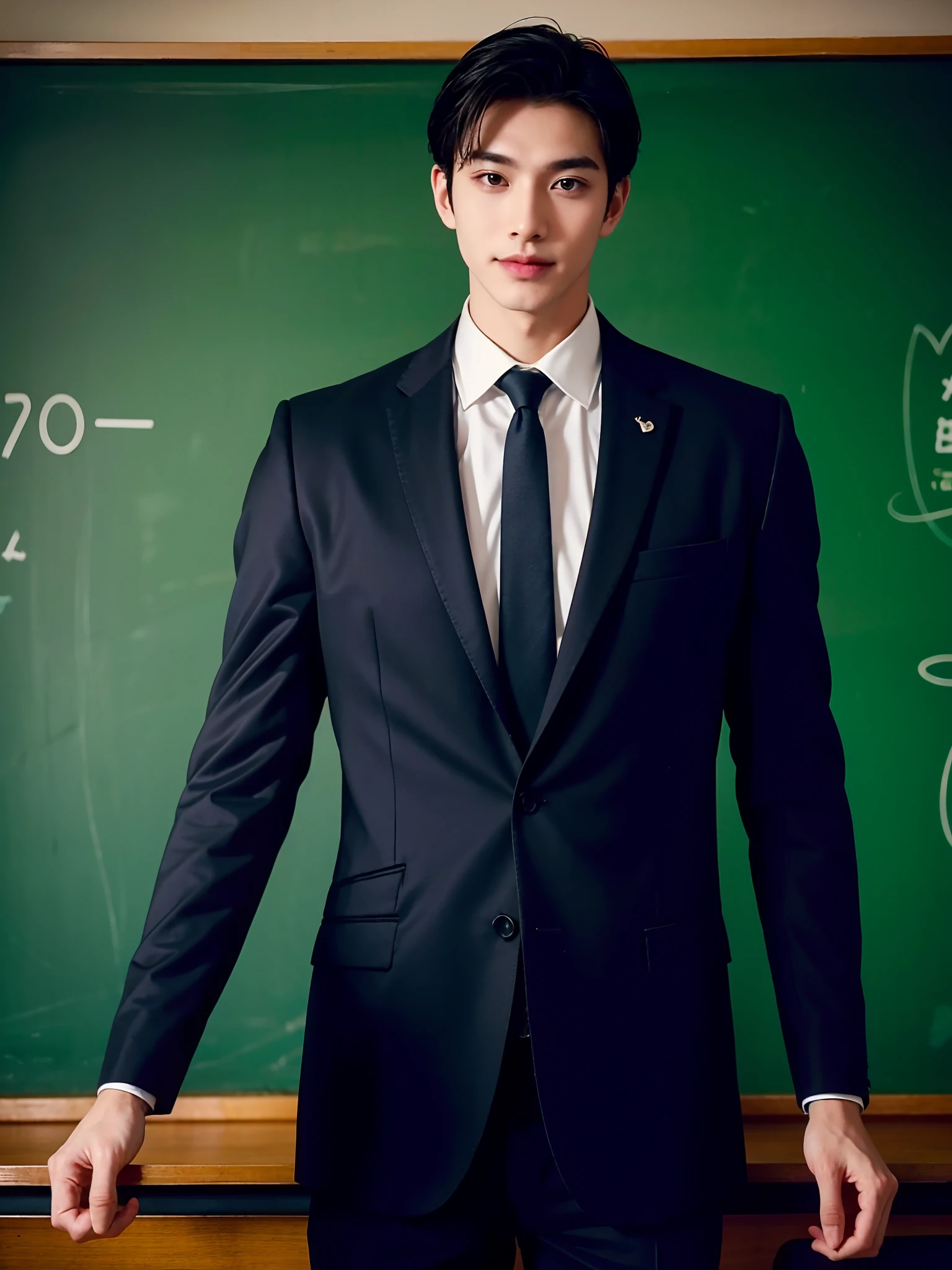 Young male middle-aged teacher, Dress neatly, Professional clothing, Well organized impression, youthfulenergy, Smooth skin, Bright eyes, Gentle and confident expression, Straight waist, Tall and confident, An air of tenacity and determination, Determined gaze, ssmile, Passion and dedication,Chalk in your hand,blackboards,Classroom,tmasterpiece,Best quality at best,4K,8K,high qulity,A high resolution