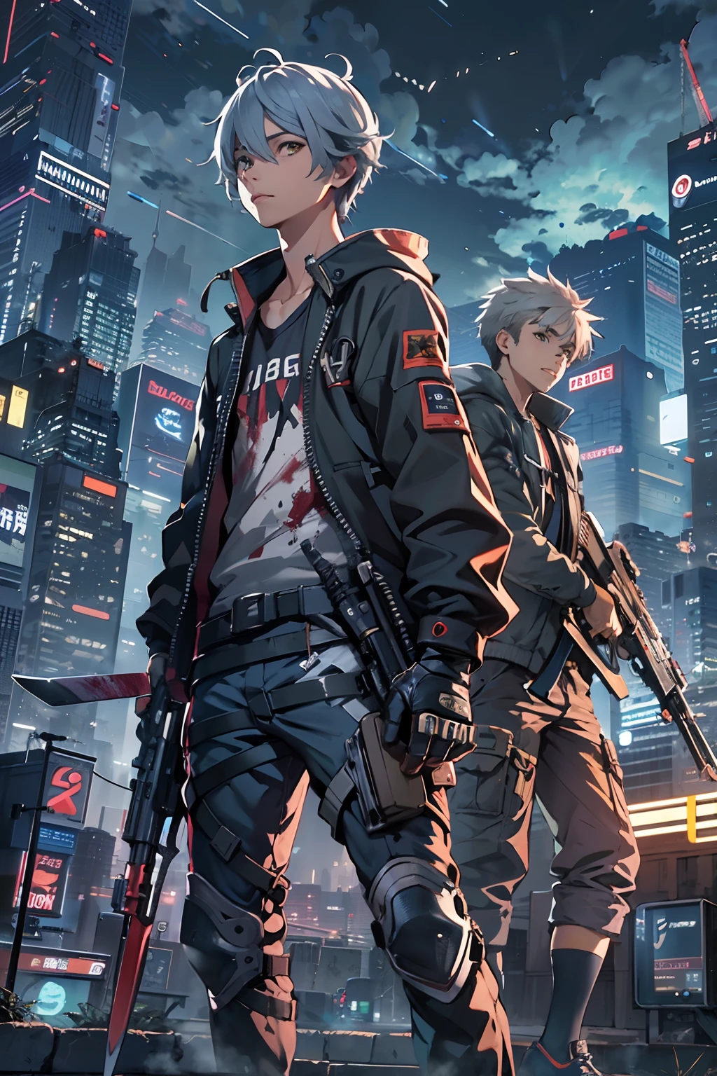 2boys,( boy:1.5)、Anime-style protagonist、Cyberpunk Boy、silber hair、Spiky hairstyle、machine gun、Japan sword on the back、Whole body bloody、Looking at the camera、Overhead view of the composition、The beginning of the adventure、Lots of clouds,heavy fog、Moon,Lightning、Chaotic city of the future、Movie dystopia、A group of very tall skyscrapers stands in the center、Very complex cityscape,Crowded Chinese skyscrapers、Tall radio tower、Trees、street signs、streetlights、taxis、buses、Train、Warm lighting,Dark road、puddles、Chaotic、Beautiful and fantastic scenery、Cinematic scenery、hightquality、masutepiece,in 8K、hight resolution、