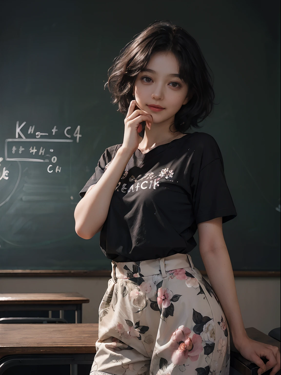 (((Black Shorthair:1.2))), (a 20 yo woman), (T-shirt design), (Floral clothing), (Breast bulge),((Being in the physics classroom)), (A hyper-realistic), (Relaxed), (Increased resolution), (8KUHD), (Extremely detailed), (Best Illustration), (Beautiful and detailed eyes), (Best Quality), (ultra-detailliert), (masutepiece ), ( Wallpaper), (Detailed face), Fine details, Deep Shadows, lowkey, Smiling, (Portrait of Einstein), (Portraits of many physicists), (Solving the formula on the blackboard), Standing in front of the blackboard