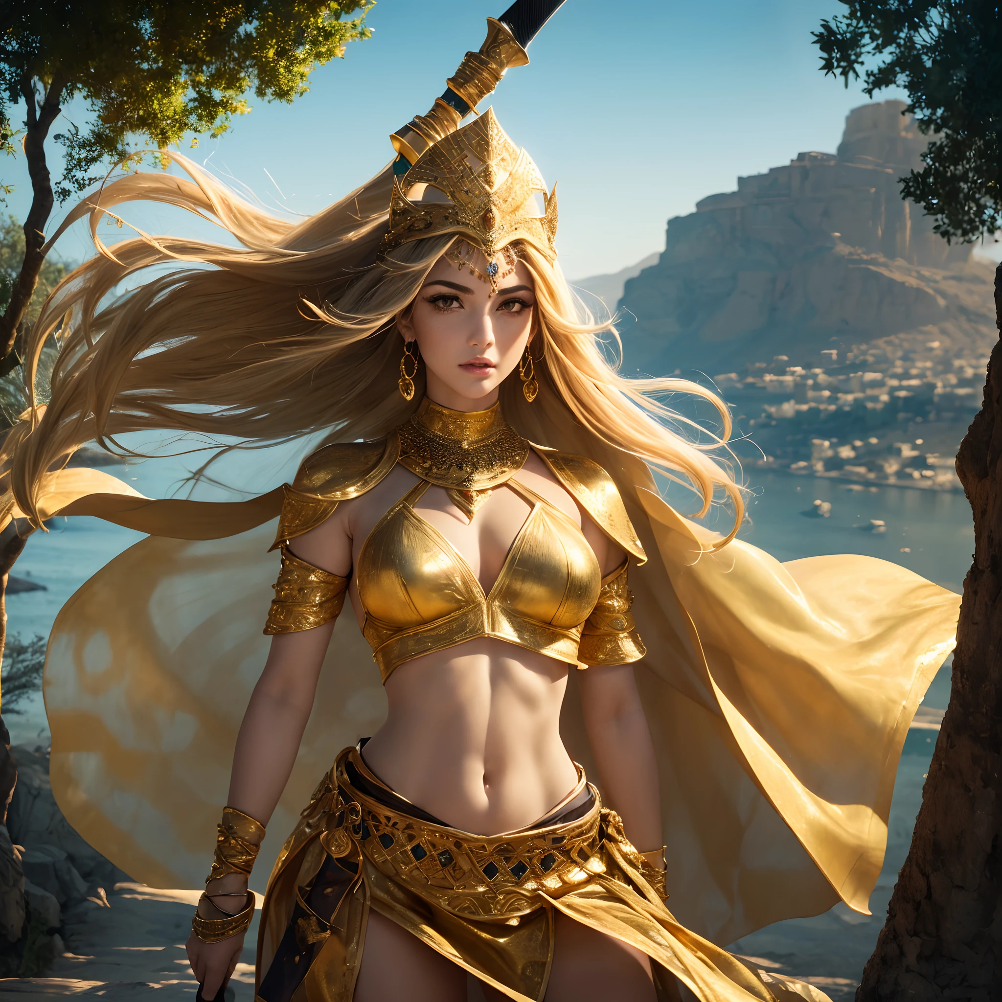 ( obra-prima ), ( UHD ), ( perfect  lighting ), ( Construction of the body of delicate character ), ( Simetria do rosto da personagem perfeitos ), ( 8k ), A beautiful Arab warrior with an Arab sword, cabelo liso, olhos verdes, Arab warrior costume, ( Hair dripping there wind ), golden tunic, ( fluttering tunic), Arab scenery at night