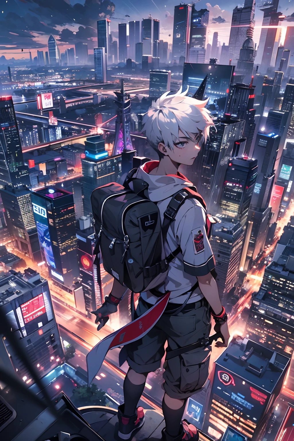 2boys,( boy:1.5)、Anime-style protagonist、Cyberpunk Boy、silber hair、Spiky hairstyle、machine gun、Japan sword on the back、Whole body bloody、Looking at the camera、Overhead view of the composition、The beginning of the adventure、Lots of clouds,heavy fog、Moon,Lightning、Chaotic city of the future、Movie dystopia、A group of very tall skyscrapers stands in the center、Very complex cityscape,Crowded Chinese skyscrapers、Tall radio tower、Trees、street signs、streetlights、taxis、buses、Train、Warm lighting,Dark road、puddles、Chaotic、Beautiful and fantastic scenery、Cinematic scenery、hightquality、masutepiece,in 8K、hight resolution、