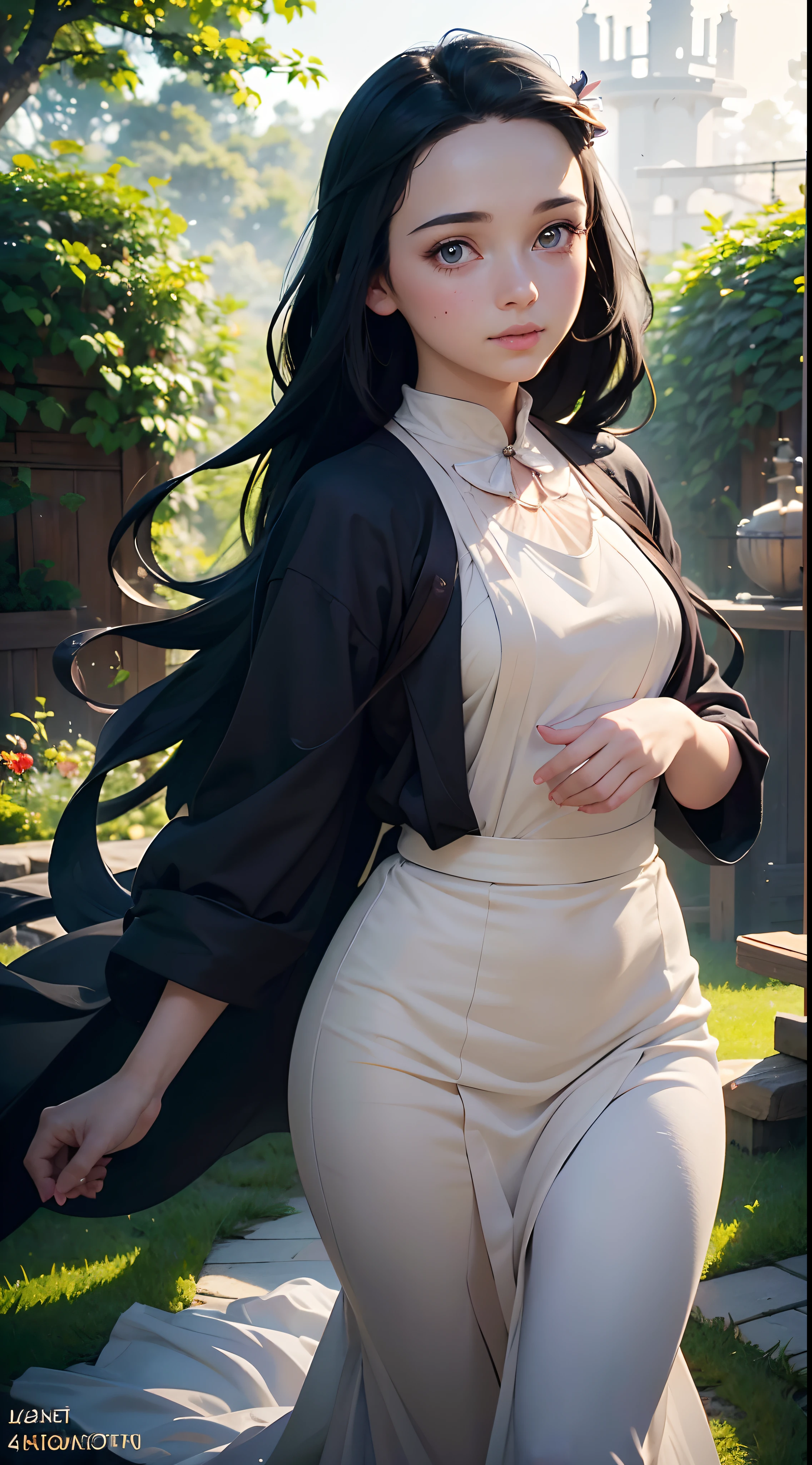(best quality,4k,8k,highres,masterpiece:1.2),ultra-detailed,(realistic,photorealistic,photo-realistic:1.37),detailed eyes and face,beautiful detailed eyes,beautiful detailed lips,long eyelashes,1girl,Nezuko Kamado posing full-body,cute and adorable,garden background,soft lighting,vibrant colors,anime style