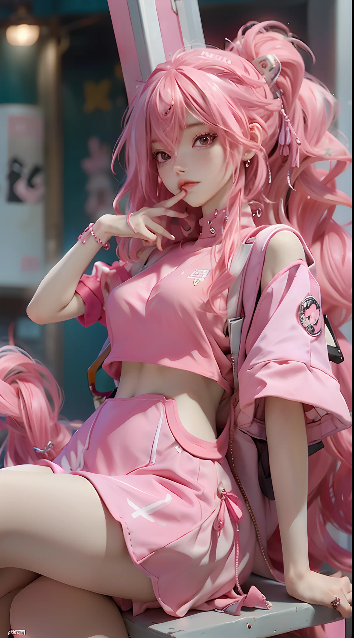 anime girl with pink hair sitting on a bench with a backpack, she is wearing streetwear, with pink hair, portrait of jossi of blackpink, ulzzang, ((pink)), jossi of blackpink, lalisa manoban of blackpink, wearing cyberpunk streetwear, japanese streetwear, with long hair, anime girl in real life, casual pose, pink girl