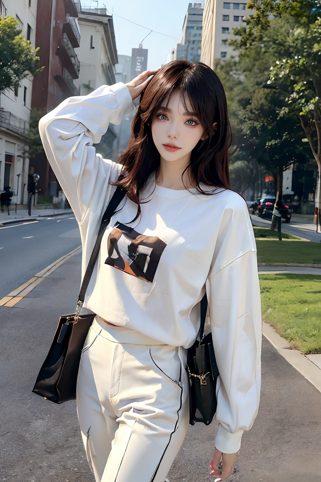 ((4K works))、​masterpiece、(top-quality)、1 beutiful girl、Slim body、tall、((Black Y-shirt and white pants with attractive streetwear and black bag))、(Detailed beautiful eyes)、morning、On the way to work in a fashionable city、((Face similar to Carly Rae Jepsen))、((Long boyish red hair))、((Smaller face))、((Neutral face))、((Bright blue eyes))、((American adult women))、((Adult female 26 years old))、((cool lady))、((Like a celebrity))、((Smiling expression))、((Korean Makeup))、((elongated and sharp eyes))、((Happy dating))、((boyish))、((She is walking in a secluded place))、((She is walking in front of the viewer))、Professional Photos