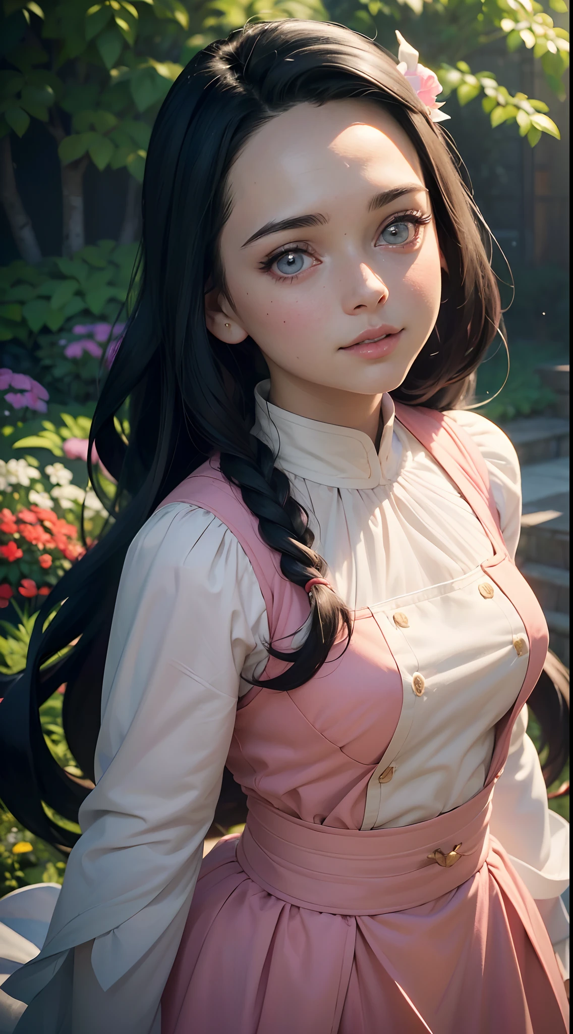 (best quality,4k,8k,highres,masterpiece:1.2),ultra-detailed,(realistic,photorealistic,photo-realistic:1.37),detailed eyes and face,beautiful detailed eyes,beautiful detailed lips,long eyelashes,1girl,Nezuko Kamado posing full-body,cute and adorable,garden background,soft lighting,vibrant colors,anime style