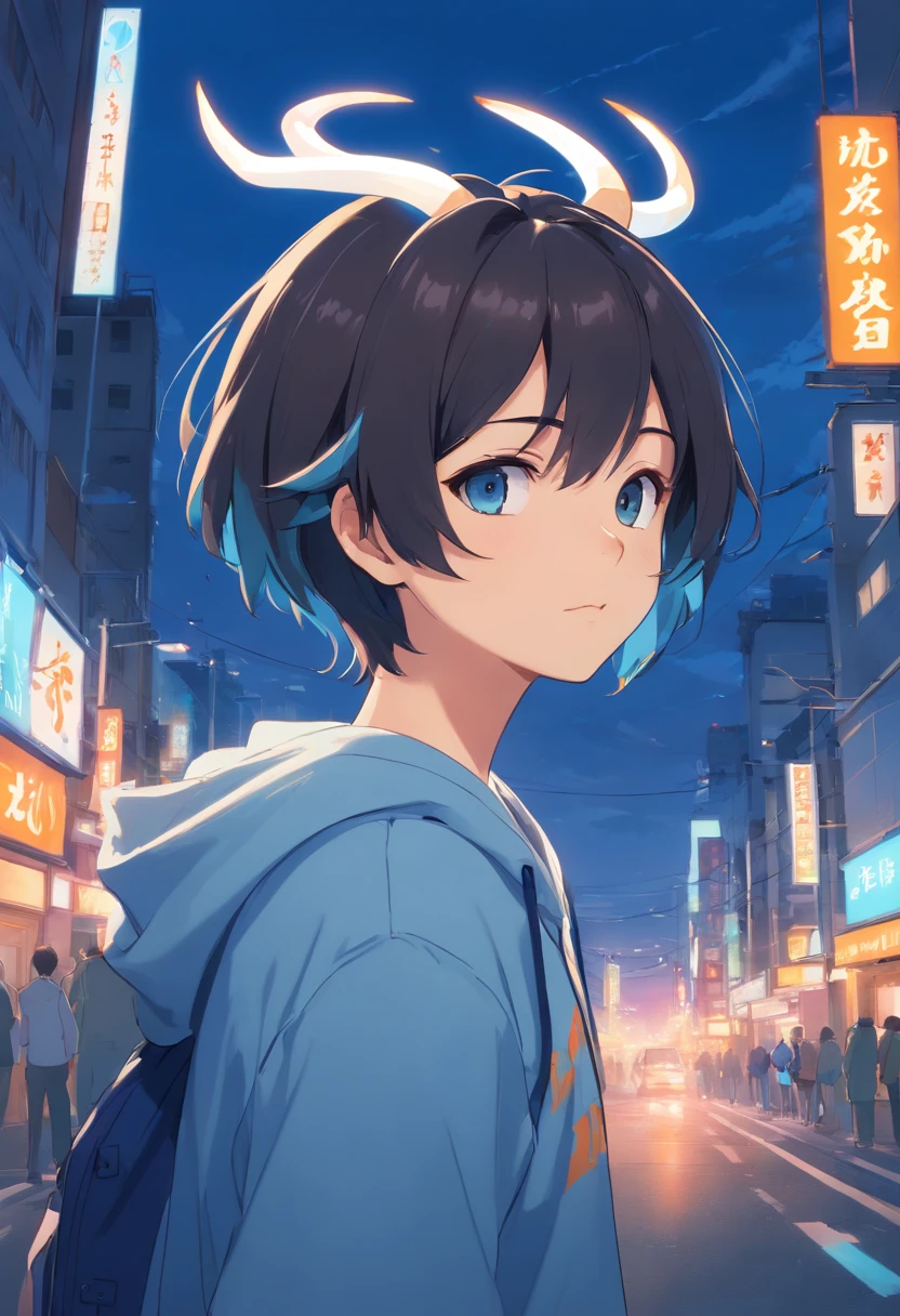un chico, un chico, a boy, dibujado con estilo anime, cabello corto y azul, cabello corto y azul,, estilo anime, estilo anime, piel morena, two small horns, sudadera negra, dynamic  pose, fuego azul en cuerno derecho, cabello azul, ojos amarillos, two small, white horns. Oni. cuerpo completo.