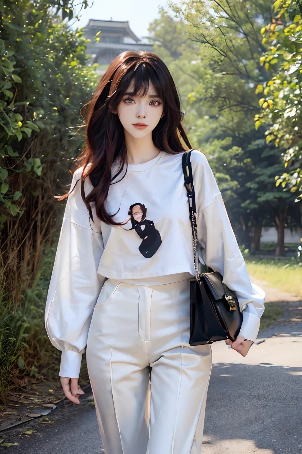 ((4K works))、masterpiece、(top-quality)、1 beutiful girl、Slim body、tall、((Black Y-shirt and white pants with attractive streetwear and black bag))、(Detailed beautiful eyes)、morning、On the way to work in a fashionable city、((Face similar to Carly Rae Jepsen))、((Long boyish red hair))、((Smaller face))、((Neutral face))、((Bright blue eyes))、((American adult women))、((Adult female 26 years old))、((cool lady))、((Like a celebrity))、((Smiling expression))、((Korean Makeup))、((elongated and sharp eyes))、((Happy dating))、((boyish))、((She is walking in a secluded place))、((She is walking in front of the viewer))、Professional Photos