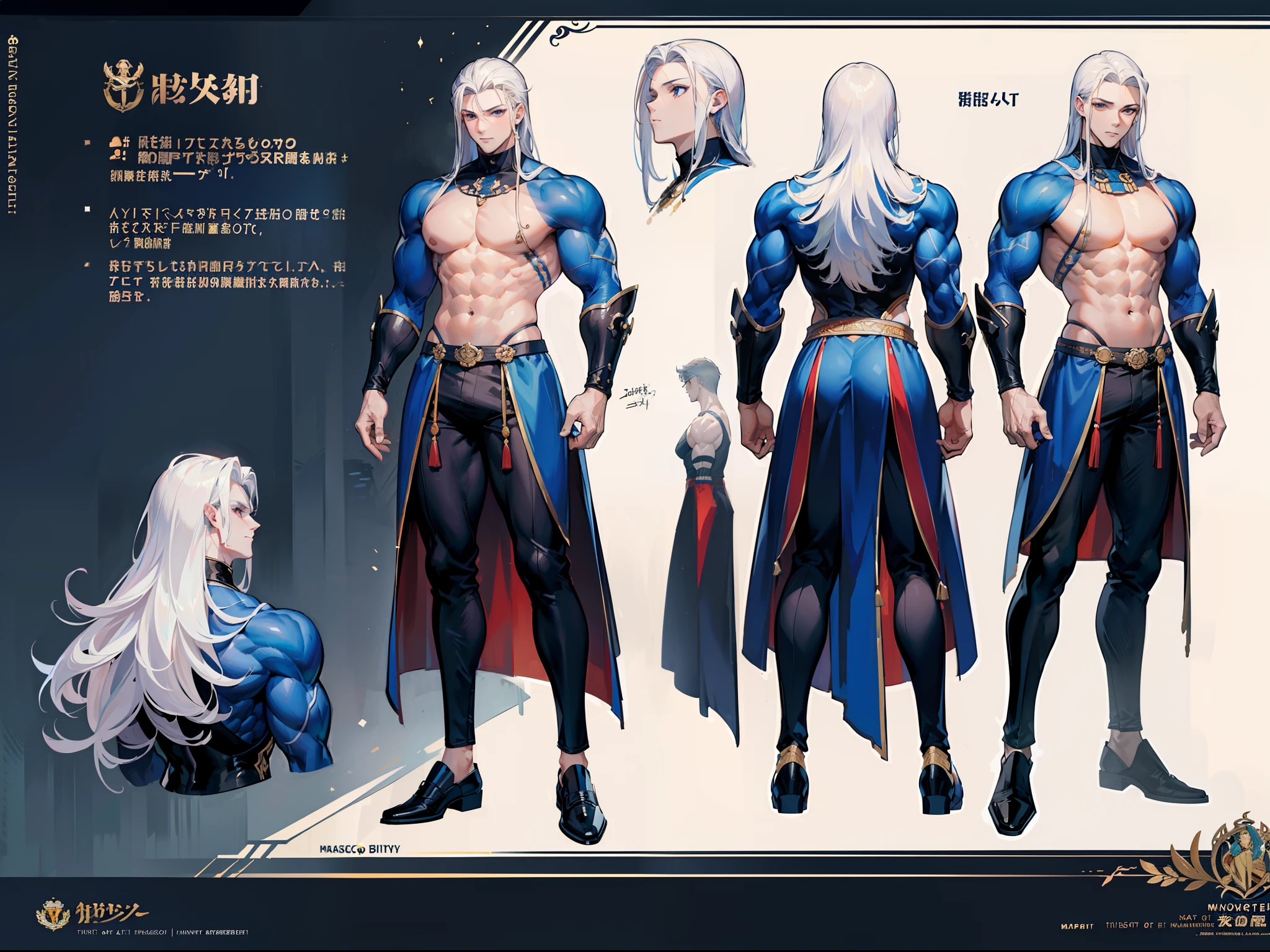 ((Masterpiece, Highest quality)), Detailed face, character design sheet, full bodyesbian, Full of details, frontal body view, back body view, Highly detailed, Depth, Many parts, Muscle boy with long white hair,handsome man, muscle body, navy, commander, man tall