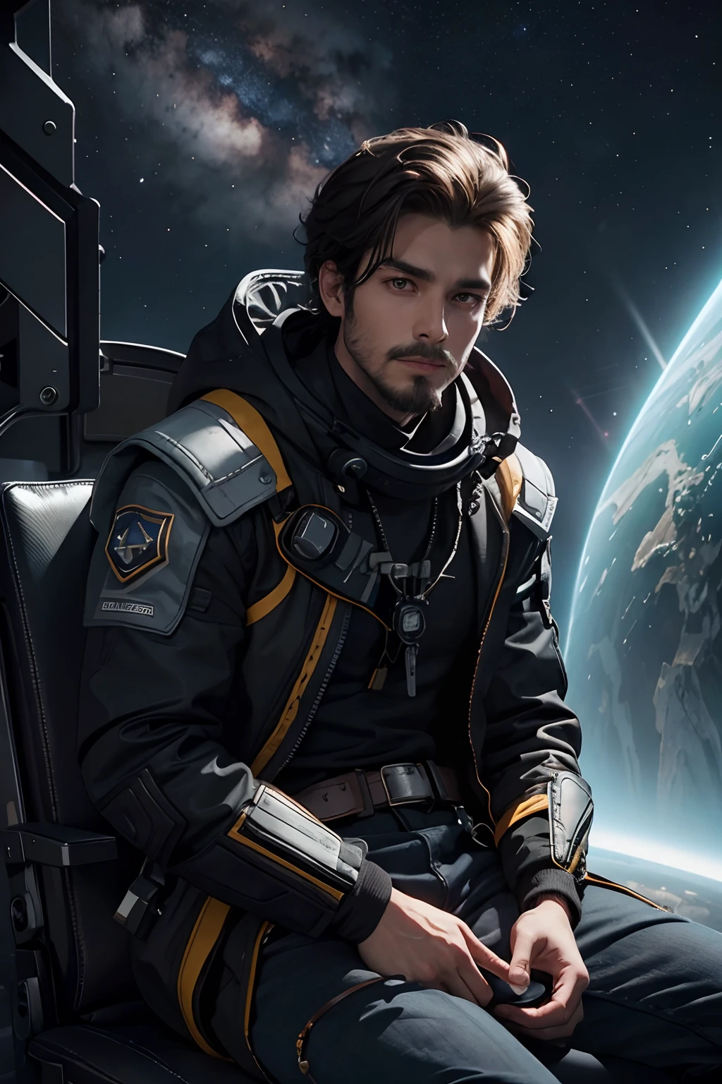 Draw a young programmer, sitting on a research platform floating in the middle of an asteroid belt. He is studying with a notebook, surrounded by several asteroids glowing with fiery auras. Dramatic lighting from distant stars and planets illuminates the scene, casting deep shadows on the suit. The young man looks confident and determined, looking at the vast and mysterious universe with wonder and respect,facial hair, cowboy shot,