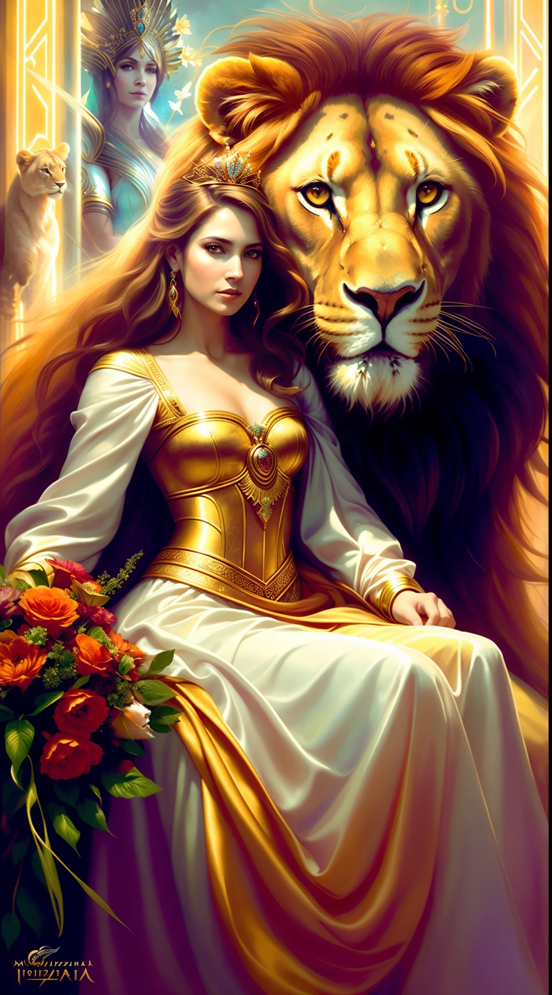 a painting of a woman in a dress sitting next to a lion, gorgeous goddess of leo, bela arte de fantasia, mulher da fantasia, mulher linda, retrato bonito da arte da fantasia, Graphic artist Magali Villeneuve, Magali Villeneuve», arte de fantasia muito bonita, mulher deslumbrante, pintura de fantasia bonita, ((uma bela imperatriz fantasia)), donzela bonita, inspirado em Cynthia Sheppard