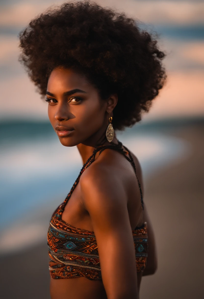 jovem africana com vestilo azul longa,na praia coberta com conchas,