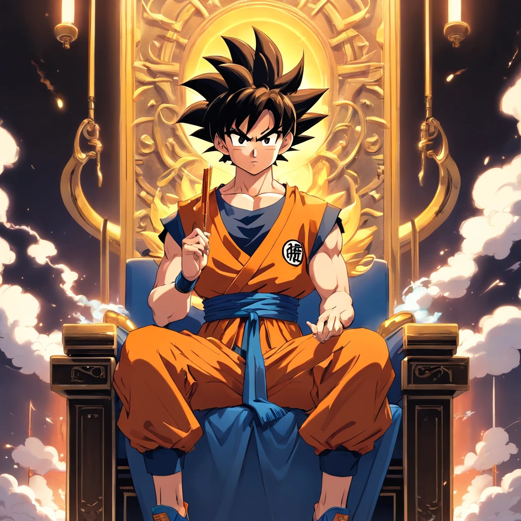 Goku usando uma roupa social preta, sitting on a royal throne with a cigarette in his hand, serious look, expression serious, incredible details, nuvens amarelas ao fundo