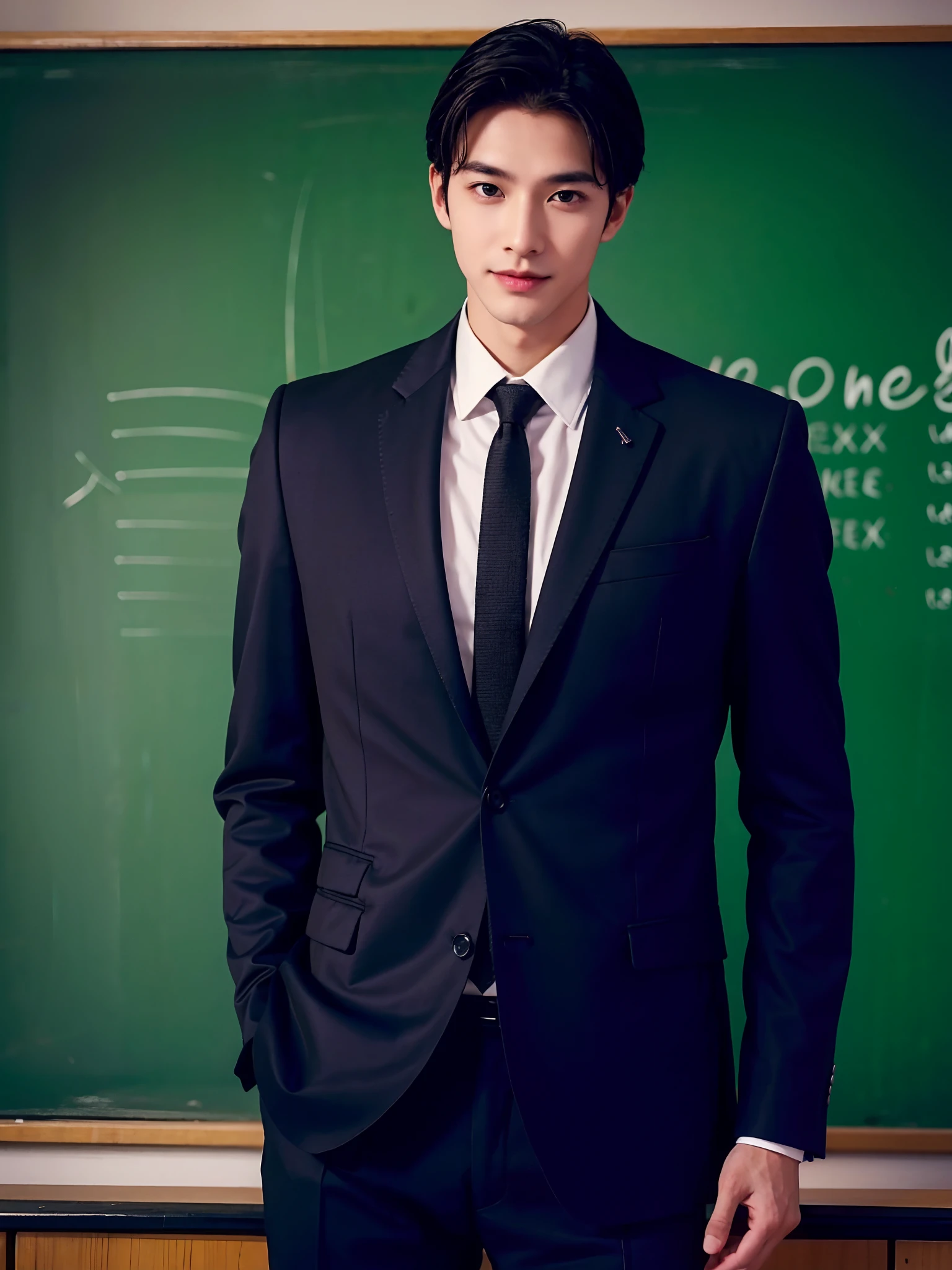 Young male middle-aged teacher, Dress neatly, Professional clothing, Well organized impression, youthfulenergy, Smooth skin, Bright eyes, Gentle and confident expression, Straight waist, Tall and confident, An air of tenacity and determination, Determined gaze, ssmile, Passion and dedication，Chalk in your hand，blackboards，‎Classroom，tmasterpiece，Best quality at best，4K，8K，high qulity，A high resolution
