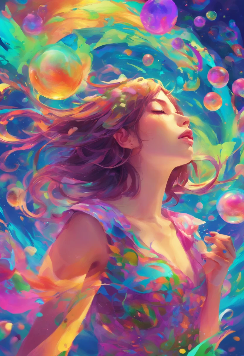 ((top-quality, 8K)), (Realistic), (Face Focus: 1.1), (Blue, green and purple colors: 1.2), Kawaii Girl, short-hair, 
Hair fluttering in the wind, Looking up at the face, Eyes closed, (Sleeveless: 1.1)、Skirt, D Cup Breasts, Countless soap bubbles,