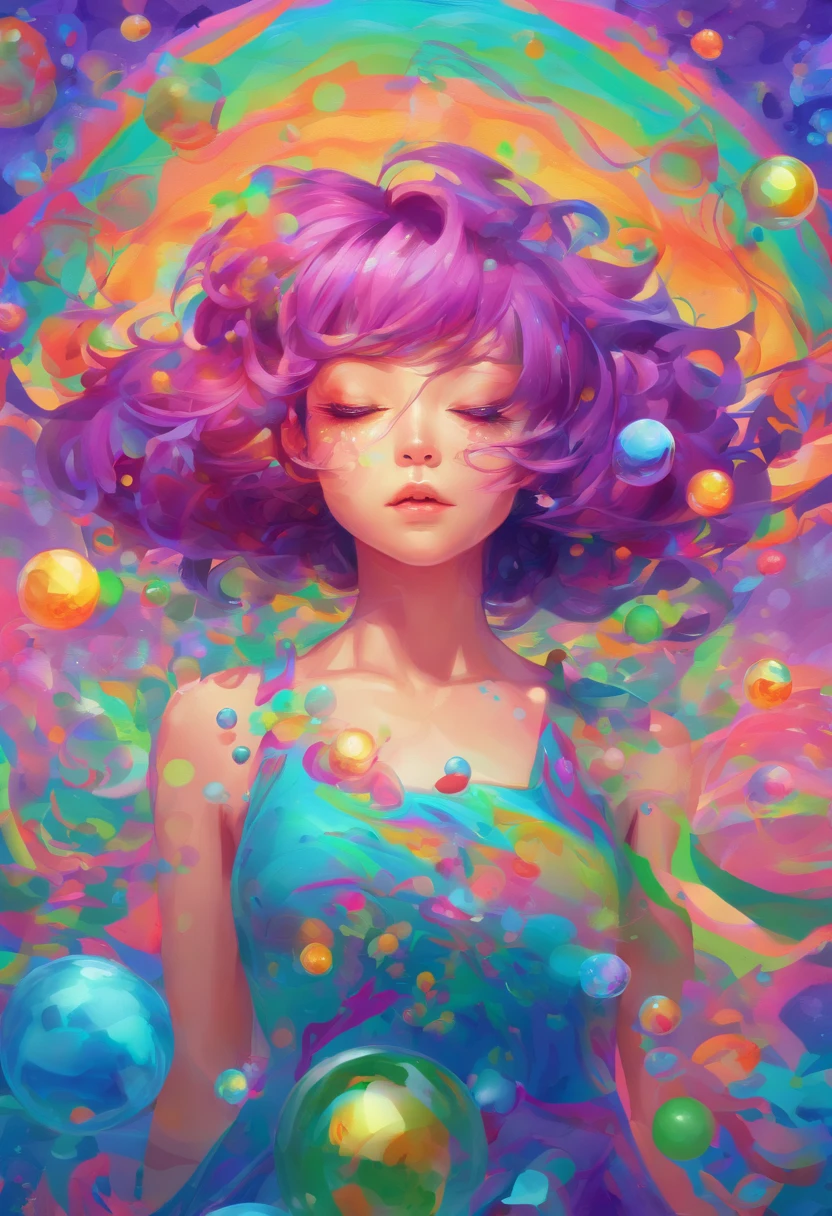 ((top-quality, 8K)), (Realistic), (Face Focus: 1.1), (Blue, green and purple colors: 1.2), Kawaii Girl, short-hair,
Hair fluttering in the wind, Looking up at the face, Eyes closed, (Sleeveless: 1.1)、Skirt, D Cup Breasts, Countless soap bubbles,