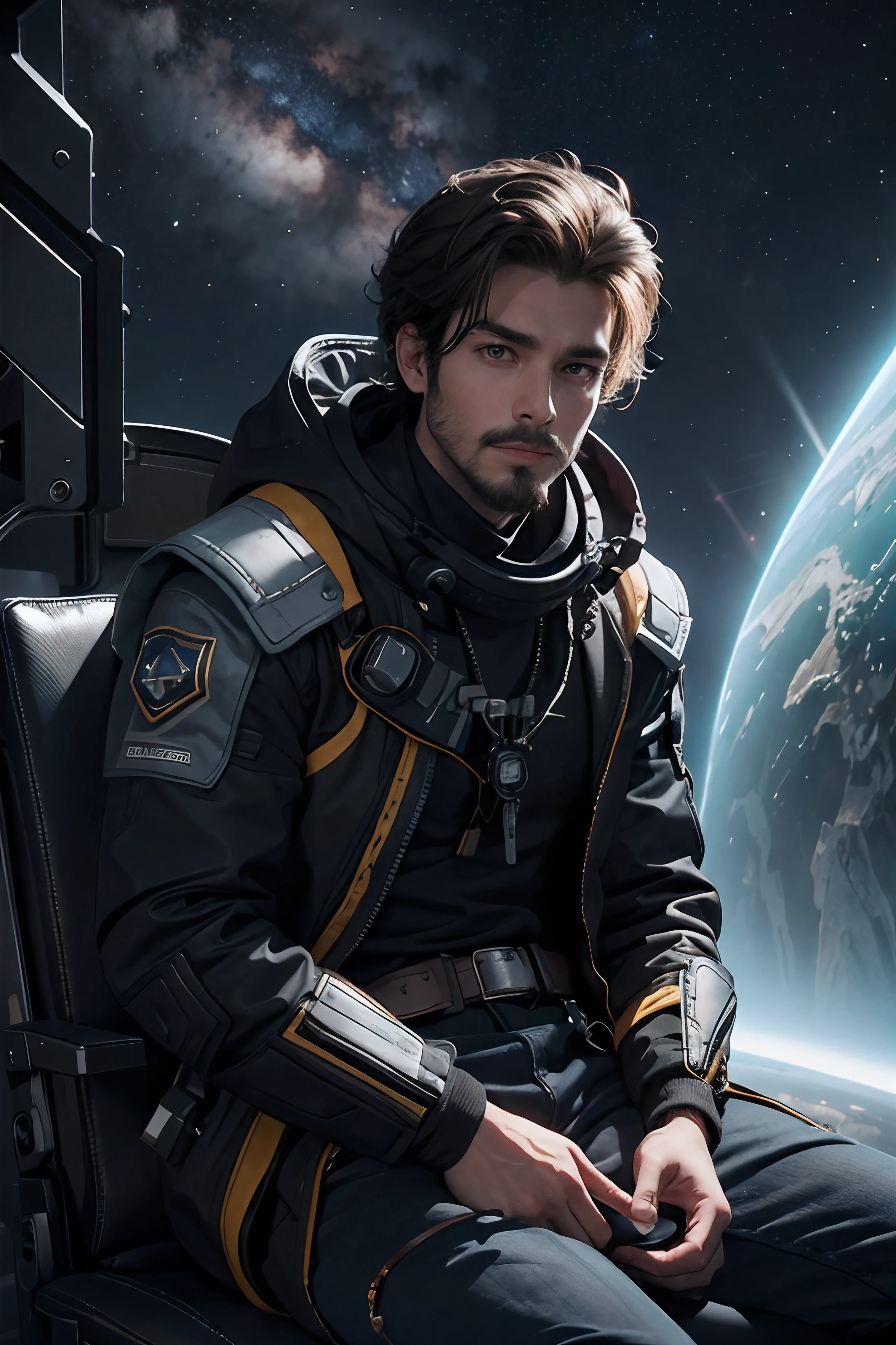 Draw a young programmer, sitting on a research platform floating in the middle of an asteroid belt. He is studying with a notebook, surrounded by several asteroids glowing with fiery auras. Dramatic lighting from distant stars and planets illuminates the scene, casting deep shadows on the suit. The young man looks confident and determined, looking at the vast and mysterious universe with wonder and respect,facial hair, cowboy shot,