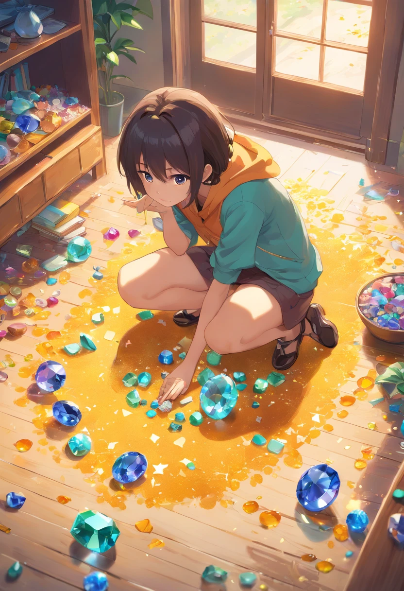 Lots of gems scattered on the floor, Luxurious decoration, bio luminescent, Elegant, painting-like, Ultra-detailed, Delicate; with an intricate, Surreal concept art, Aesthetic, Smooth, sharp, Professional, masutepiece, custom, Best Quality, color corrected, Fix it in a post.8K