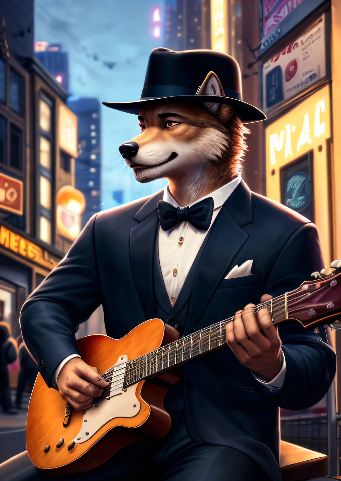 (a well-dressed slim male wolf, wearing a brown fedora hat, playing the guitar while sitting on a bench in the middle of the city), (a well-textured illustration:1.1), (street scene, urban atmosphere, vibrant cityscape), (best quality, highres:1.2), (realistic:1.37), (portrait, urban landscape, musician), (brown color tones, warm tones), (soft lighting, spotlight effect on the musician and guitar), (detailed facial expressions, focused eyes, precise fingers on the guitar strings), (urban surroundings, bustling crowd, other musicians in the background), (bokeh effect, creating depth and a dreamy atmosphere), (melancholic mood, expressive performance), (stylish clothing, tailored suit, formal attire), (fine details, intricate patterns on the clothing and hat), (characteristic features, long and slender fingers), (artistic interpretation, capturing the essence of music and urban lifestyle), (professional rendering, high-quality illustrations), (vivid colors, rich texture), (dynamic composition, capturing the moment of musical inspiration).
