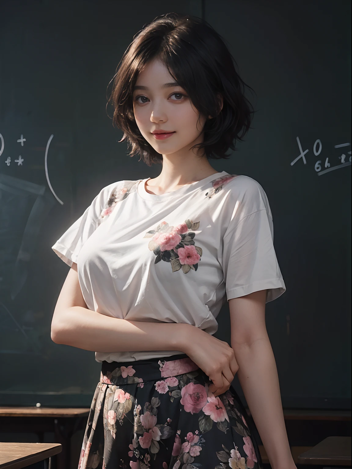 (((Black Shorthair:1.2))), (a 20 yo woman), (T-shirt design), (Floral clothing), (Breast bulge),((Being in the physics classroom)), (A hyper-realistic), (Relaxed), (Increased resolution), (8KUHD), (Extremely detailed), (Best Illustration), (Beautiful and detailed eyes), (Best Quality), (ultra-detailliert), (masutepiece ), ( Wallpaper), (Detailed face), Fine details, Deep Shadows, lowkey, Smiling, (Portrait of Einstein), (Portraits of many physicists), (Solving the formula on the blackboard), Standing in front of the blackboard