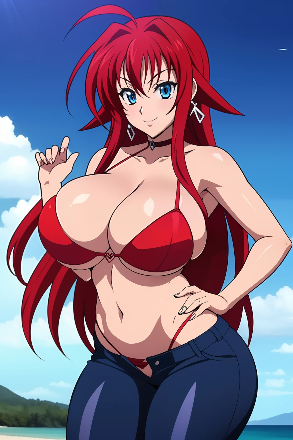 Highschool dxd, Rias Gremory,1girl, (((bimbo))), long red hair , blue eyes, ear rings, (((bimbo))), thick lips, smile face, wide hips, thick thighs, bikini, huge round ass, huge natural breasts, blue jeans, bra, hand signs