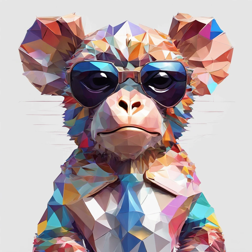 Perfect alignment, Cute little monkey in jacket,Crystal Vase,Rose flower, Wearing sunglasses, cheerfulness, Standing position, Abstract beauty, Centered, Looking at the camera, Facing the camera, Approaching perfection, Dynamic, Highly detailed, Smooth, Sharp Focus, 8K, hight resolution, Illustration, art by carne griffiths and wadim kashin, White background、Colorful Sunglasses