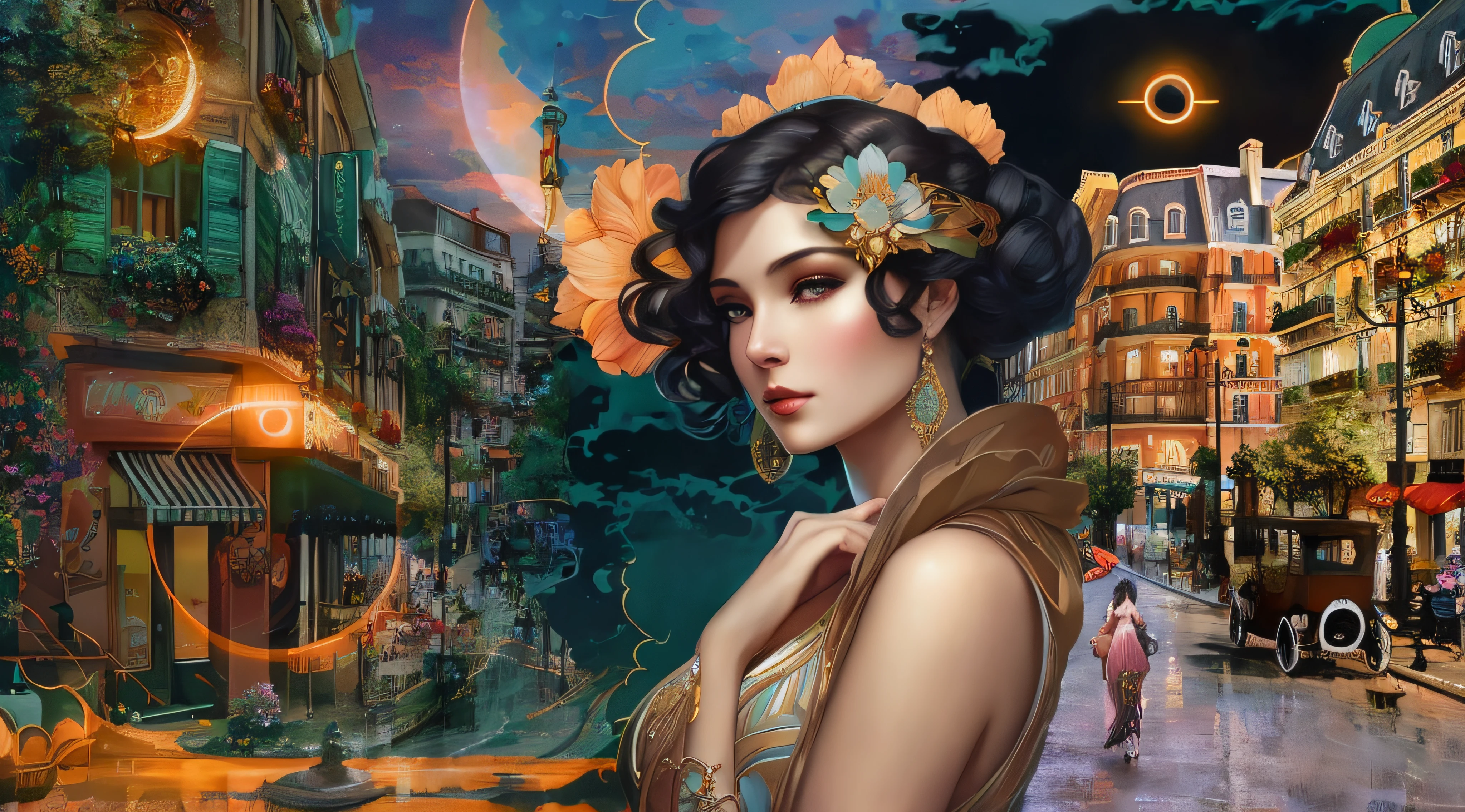 there is a woman that is standing in the street with a flower in her hair, a beautiful artwork illustration, stunning digital illustration, beautiful digital illustration, exquisite digital illustration, hyperrealistic art nouveau, in style of digital illustration, beautiful art uhd 4 k, beautiful digital artwork, stylized urban fantasy artwork, beauty art nouveau woman, art nouveau! cyberpunk! style