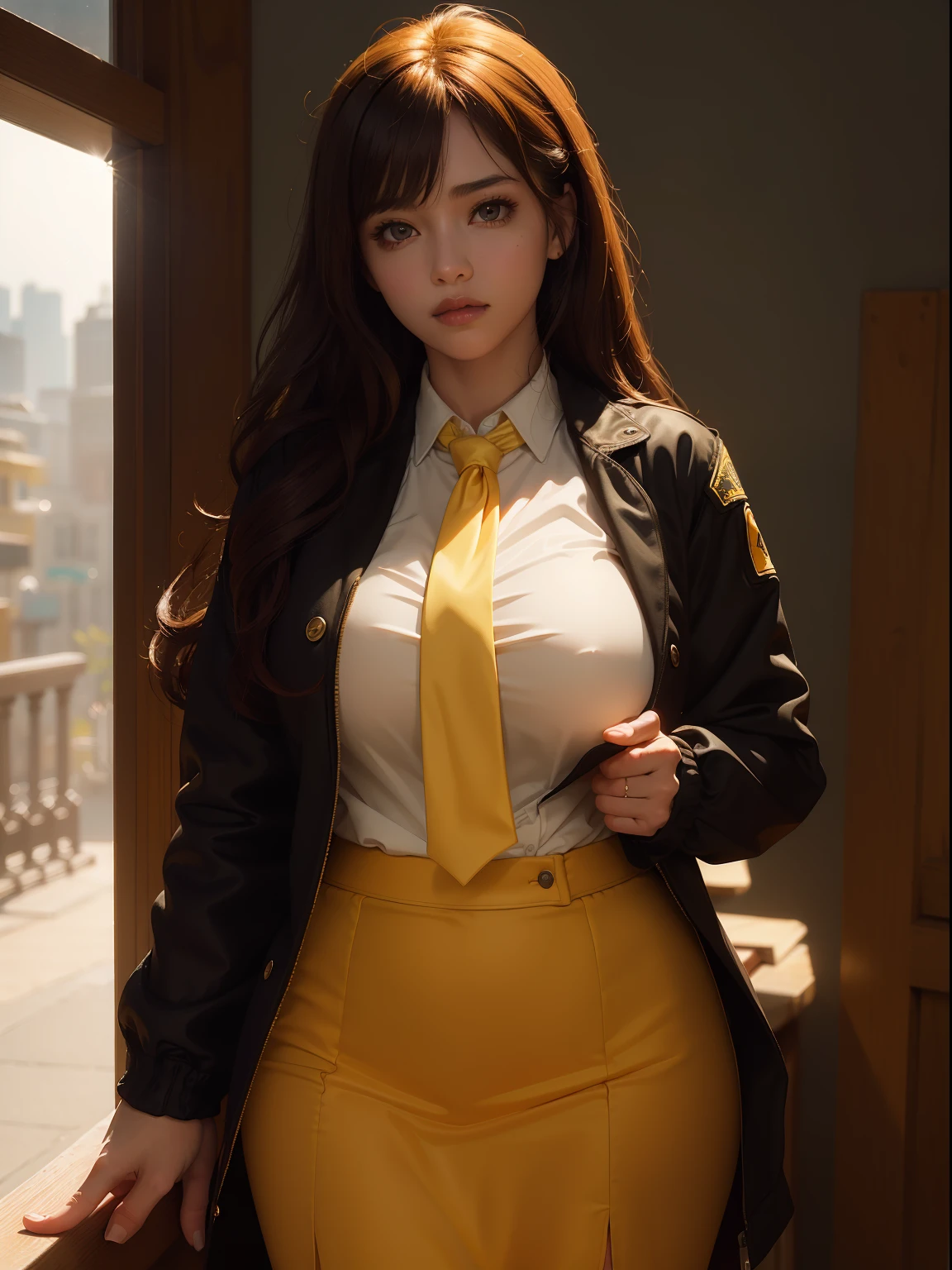((nsfw)),((big breasts:1),1girl, intricate detail, masterpiece, best quality, extremly detailed,cinematic lighting, beautiful detailed glow, finely detailed beautiful face and eyes, 8k, dark intense shadows, yellow eyes, medium hair, black hair, bangs, floating hair, black jacket, open jacket, white shirt, expressionless, yellow necktie, black skirt, spotlight, sunshine, sunrise, gradient sky, city, lens flare, cowboy shot, [[curvy]], [mature female]
