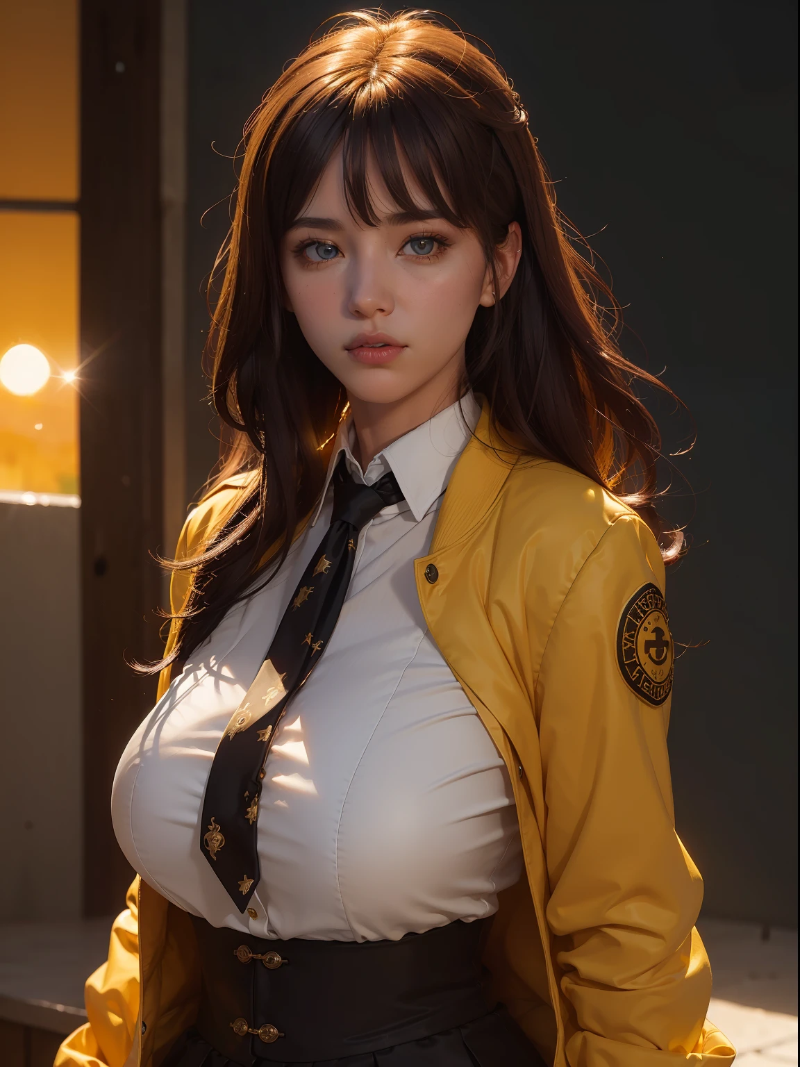 ((nsfw)),1girl, intricate detail, masterpiece, best quality, extremly detailed,cinematic lighting, beautiful detailed glow, finely detailed beautiful face and eyes, 8k, dark intense shadows, yellow eyes, medium hair, black hair, bangs, floating hair, black jacket, open jacket, white shirt, expressionless, yellow necktie, black skirt, spotlight, sunshine, sunrise, gradient sky, city, lens flare, cowboy shot, [[curvy]], [mature female]