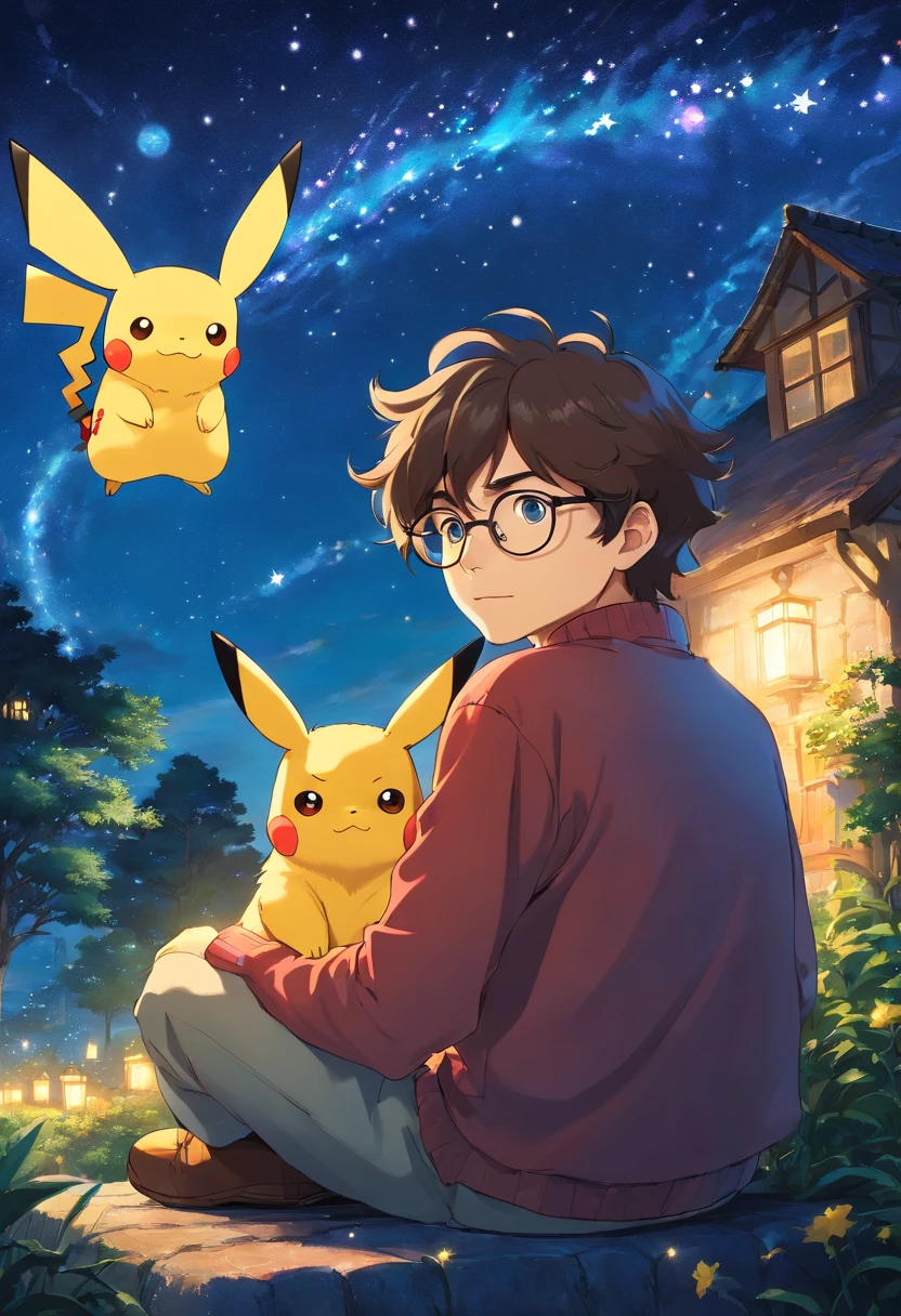 homem jovem, wearing glasses with wavy hair sitting with Pikachu, Watching the starry sky at night