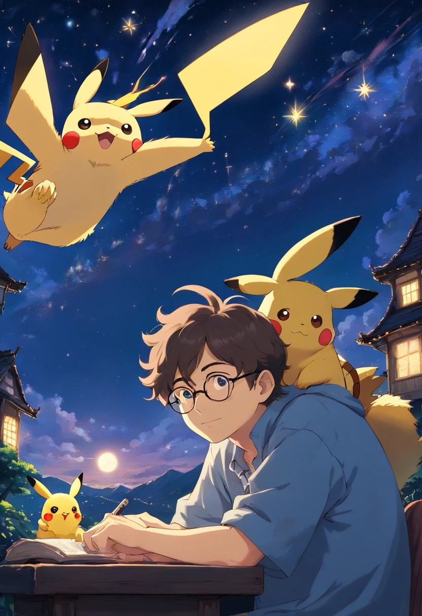 homem jovem, wearing glasses with wavy hair sitting with Pikachu, Watching the starry sky at night