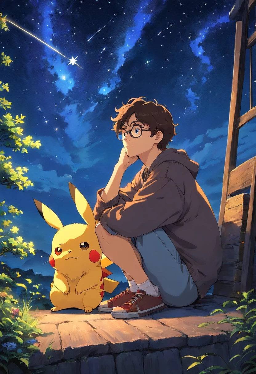 homem jovem, wearing glasses with wavy hair sitting with Pikachu, Watching the starry sky at night