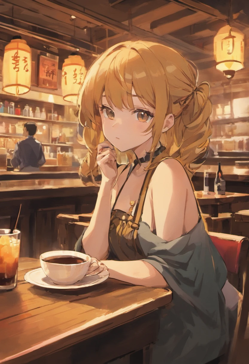 Anime girl sitting at a table with a cup of coffee - SeaArt AI