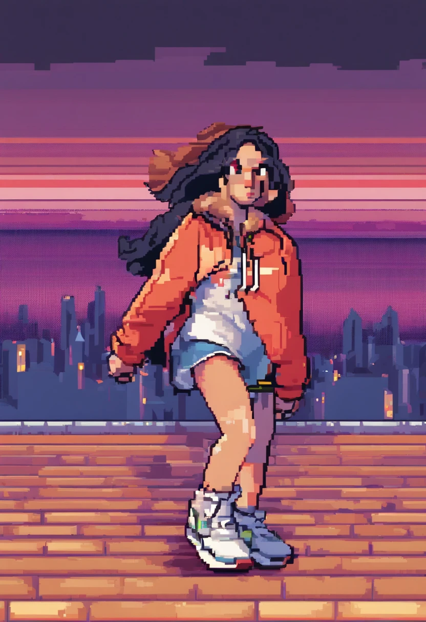 Pixel art of a young lady wearing Nike sneakers. Evening. 3d pixel art 4k wallpaper. Incredible pixel art details. Pixel art. Steam waves. Detailed unreal engine pixel art