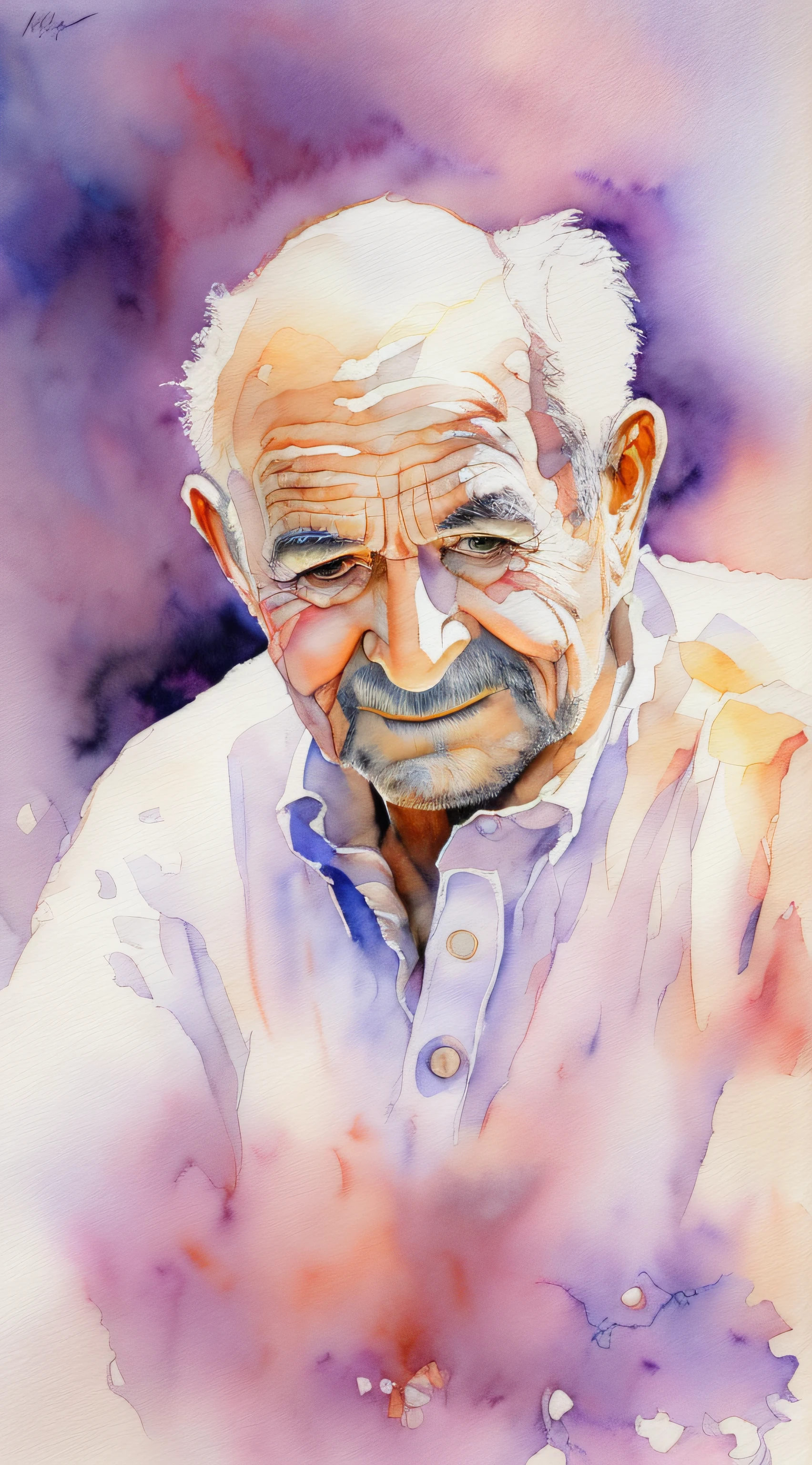Homem, 50 anos, Pintura aquarela delicada, Romantic watercolor, Artista apaixonado, art-station, Smoothness in high definition, Soft and romantic colors, luz natural suave, Lente macro para detalhes sutis, Perspectiva delicada