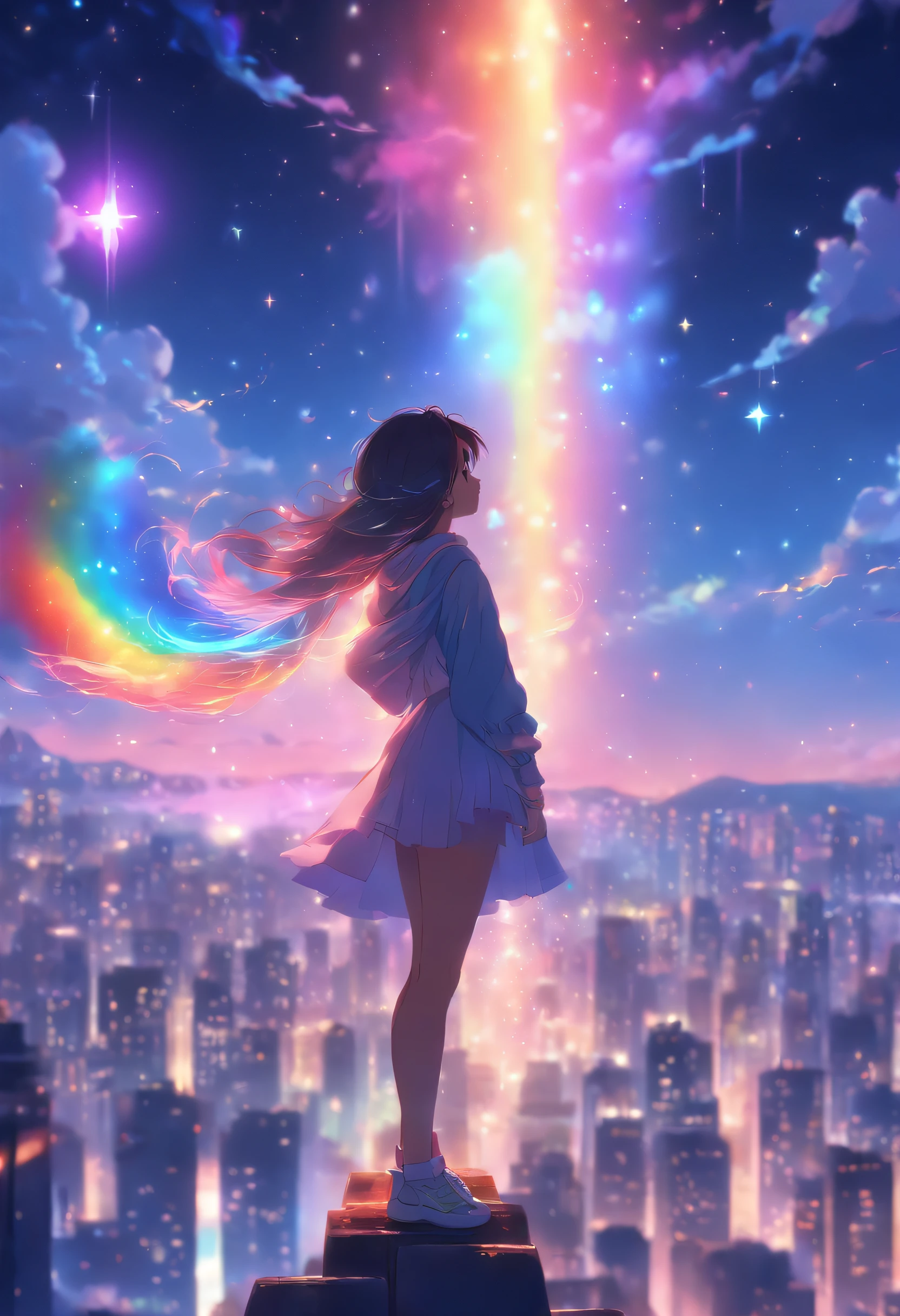 (best quality,4k,highres,masterpiece:1.2),ultra-detailed,(rainbow in the sky:1.2),realistic,anime girl standing on rooftop staring at night sky with stars and rainbow,rainbow starry night,anime-style art,beautiful detailed eyes,beautiful detailed lips,extremely detailed eyes and face,long eyelashes,vibrant colors,portraits,landscape,cityscape,huge full moon,quiet and calm atmosphere,majestic skyline with towering buildings,peaceful and serene feeling,detailed architecture silhouette,motionless and still air,soft gentle breeze,wispy clouds and fog,luminous starry sky,sparkling and shimmering stars,breathtaking star-filled backdrop,gorgeous vibrant rainbow,softly glowing rainbow colors,shooting stars streaking across the sky,crisp and clear view of night sky,gorgeous anime art wallpaper,ethereal and dreamlike setting,makoto shinkai cyril rolando-inspired illustration,immersive and captivating scene,mesmerizing anime girl with flowing hair,calm and content expression,city lights twinkling below,nighttime cityscape with glowing windows,tranquil and awe-inspiring rooftop view,peaceful and mesmerizing ambiance,reflective and contemplative moment,deep sense of tranquility and solitude,light pollution revealing distant rainbow,awe-inspiring beauty of the universe,heartwarming sense of wonder and awe.