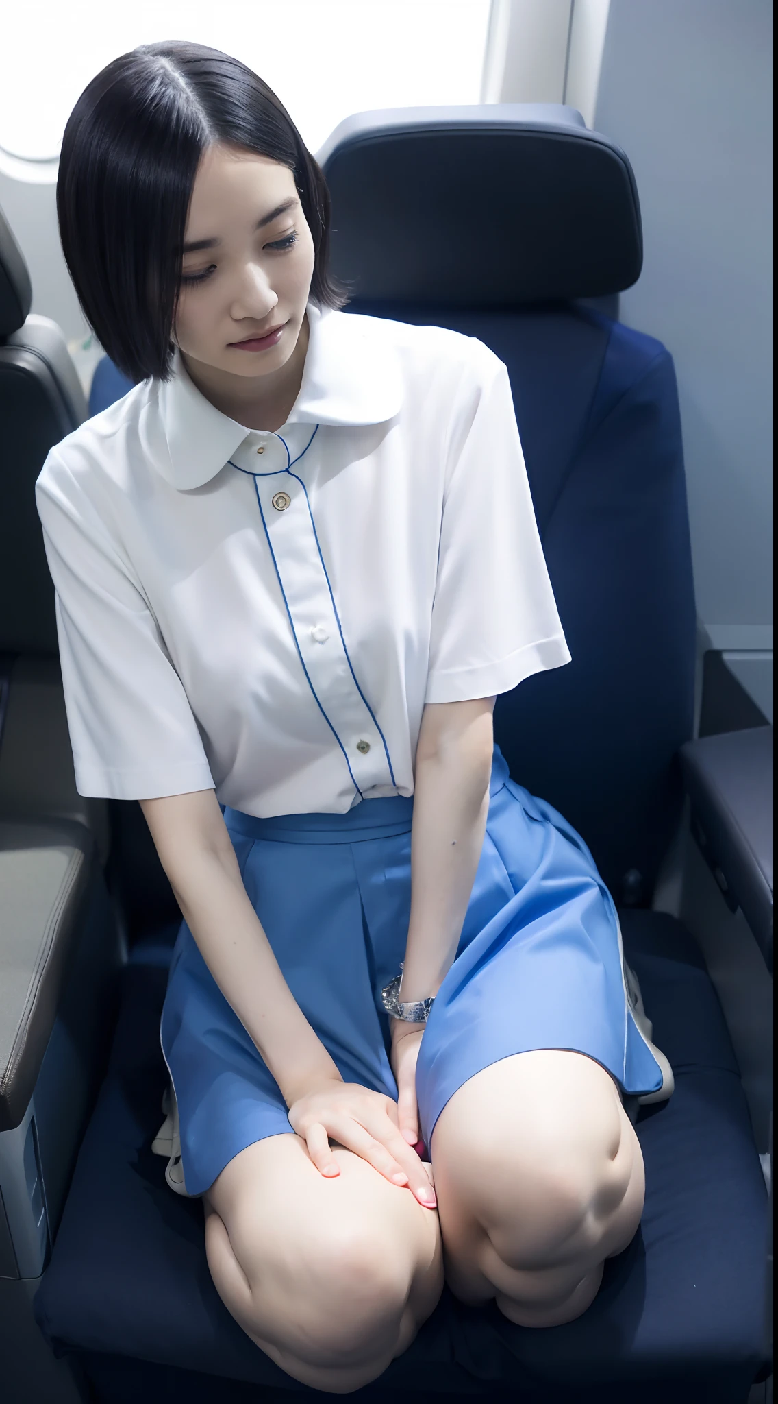 Ultra-realistic 4K photos，Ultra photo realsisim，on focus，face perfect，beauitful face，lots of fine detail，photography of，photographrealistic，top-quality，highest details，Third-person view，Long exposure，8K，hyper HD，Hyper-detailing，awardwinning photo，Detailed body depiction、
Stewardess， in an airplane， short detailed hair， Shortcut Hair、Japan idle， Japan beauties， full body Esbian，open-shirt， White skirt， Blue Short Sleeve Japan Aviation Uniform，Sexy legs、sitting in the seat、Underwear visible from the crotch、((Clothes disheveled、I see underwear))、Wet uniform、Black underwear