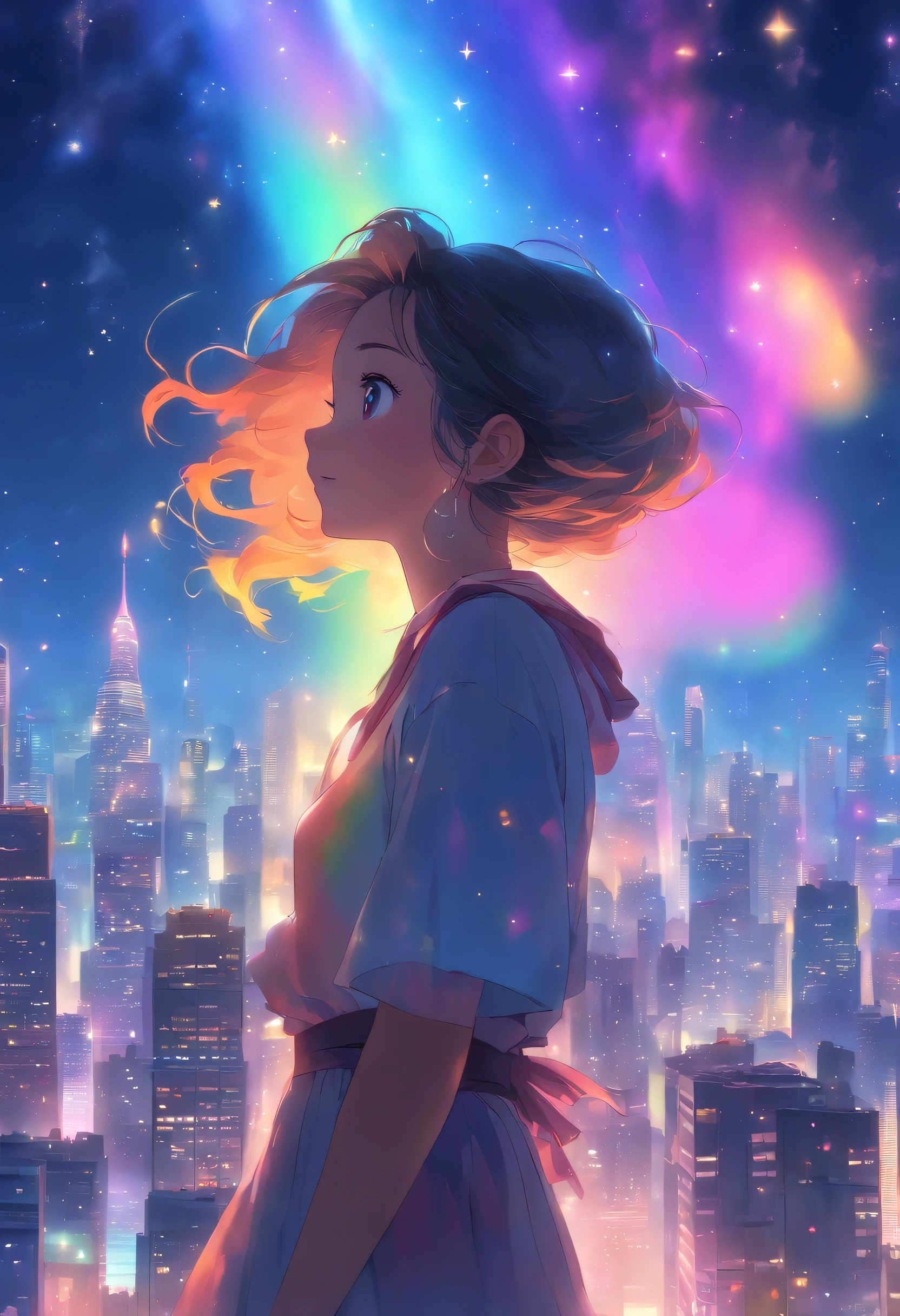 (best quality,4k,highres,masterpiece:1.2),ultra-detailed,(rainbow in the sky:1.2),realistic,anime girl standing on rooftop staring at night sky with stars and rainbow,rainbow starry night,anime-style art,beautiful detailed eyes,beautiful detailed lips,extremely detailed eyes and face,long eyelashes,vibrant colors,portraits,landscape,cityscape,huge full moon,quiet and calm atmosphere,majestic skyline with towering buildings,peaceful and serene feeling,detailed architecture silhouette,motionless and still air,soft gentle breeze,wispy clouds and fog,luminous starry sky,sparkling and shimmering stars,breathtaking star-filled backdrop,gorgeous vibrant rainbow,softly glowing rainbow colors,shooting stars streaking across the sky,crisp and clear view of night sky,gorgeous anime art wallpaper,ethereal and dreamlike setting,makoto shinkai cyril rolando-inspired illustration,immersive and captivating scene,mesmerizing anime girl with flowing hair,calm and content expression,city lights twinkling below,nighttime cityscape with glowing windows,tranquil and awe-inspiring rooftop view,peaceful and mesmerizing ambiance,reflective and contemplative moment,deep sense of tranquility and solitude,light pollution revealing distant rainbow,awe-inspiring beauty of the universe,heartwarming sense of wonder and awe.