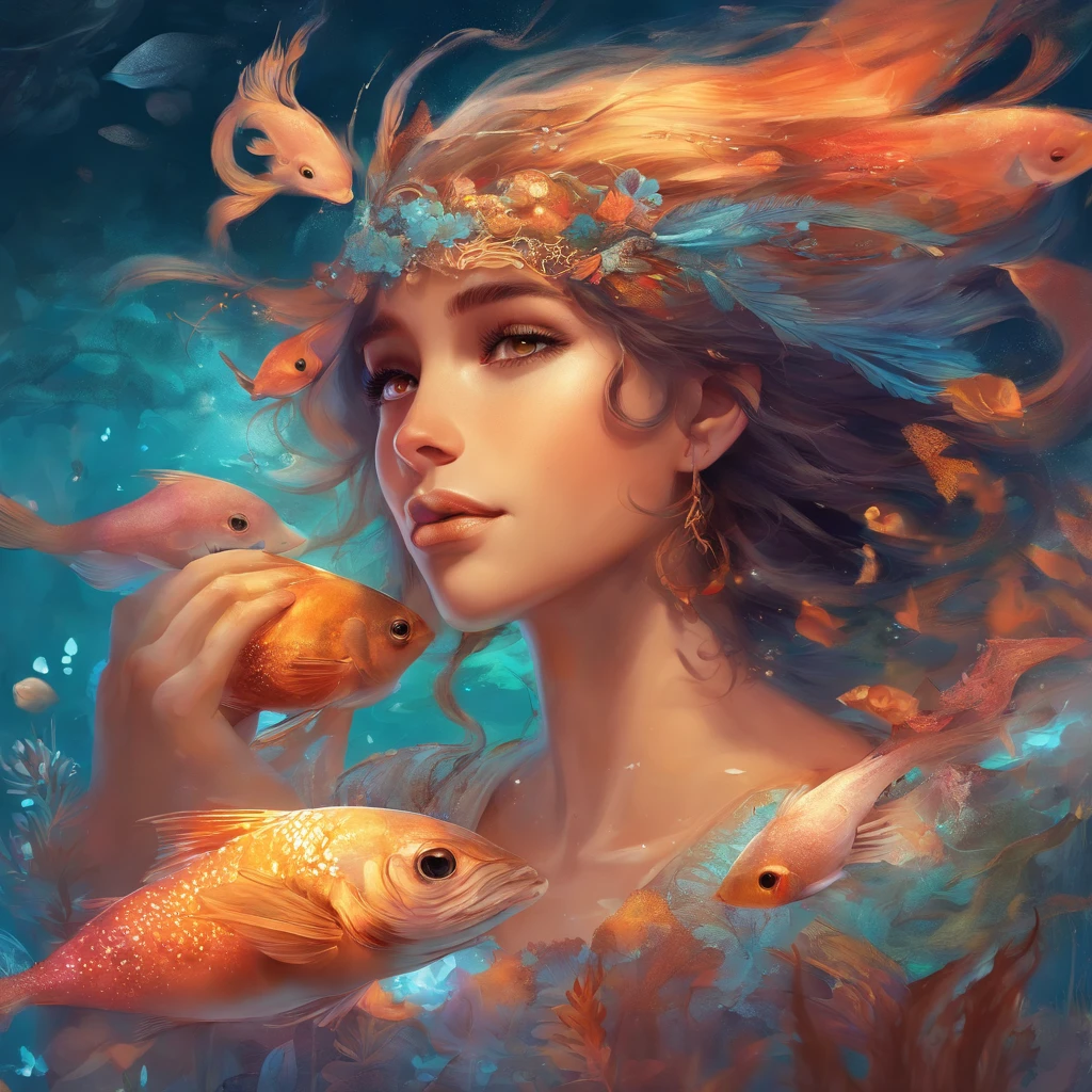 fundo do  mar cheio de lixo, beautiful fine art illustration, peixes,Adorable digital art minnows, 🍁 Pescador, in illustration style digital, cena quente e bonita, cute illustration, arte digital detalhada bonito, Cyril Rolando e Goro Fujita, ao estilo de Cyril Rolando