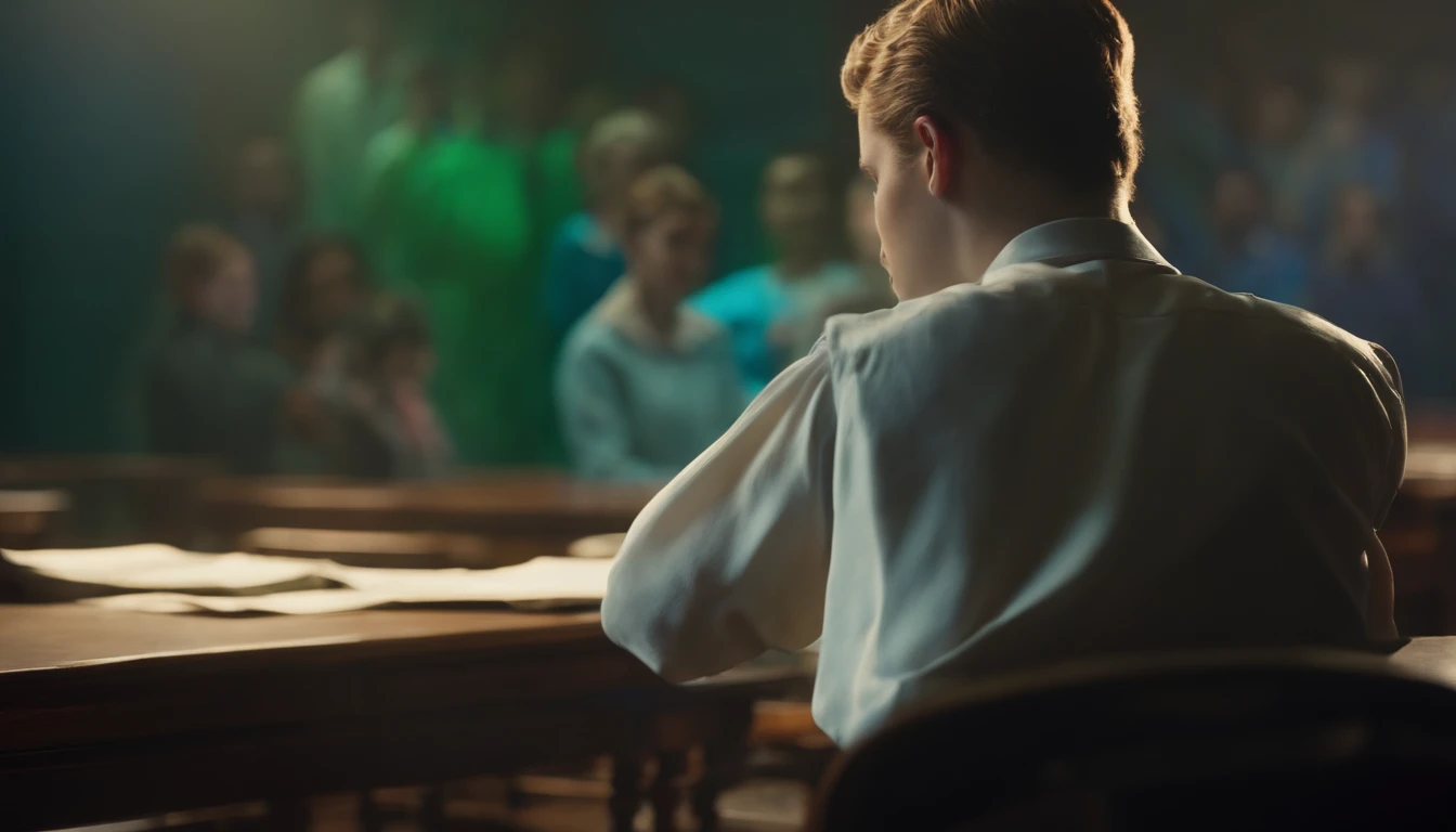 A spectral young man in 3D ghosts, classroom scene