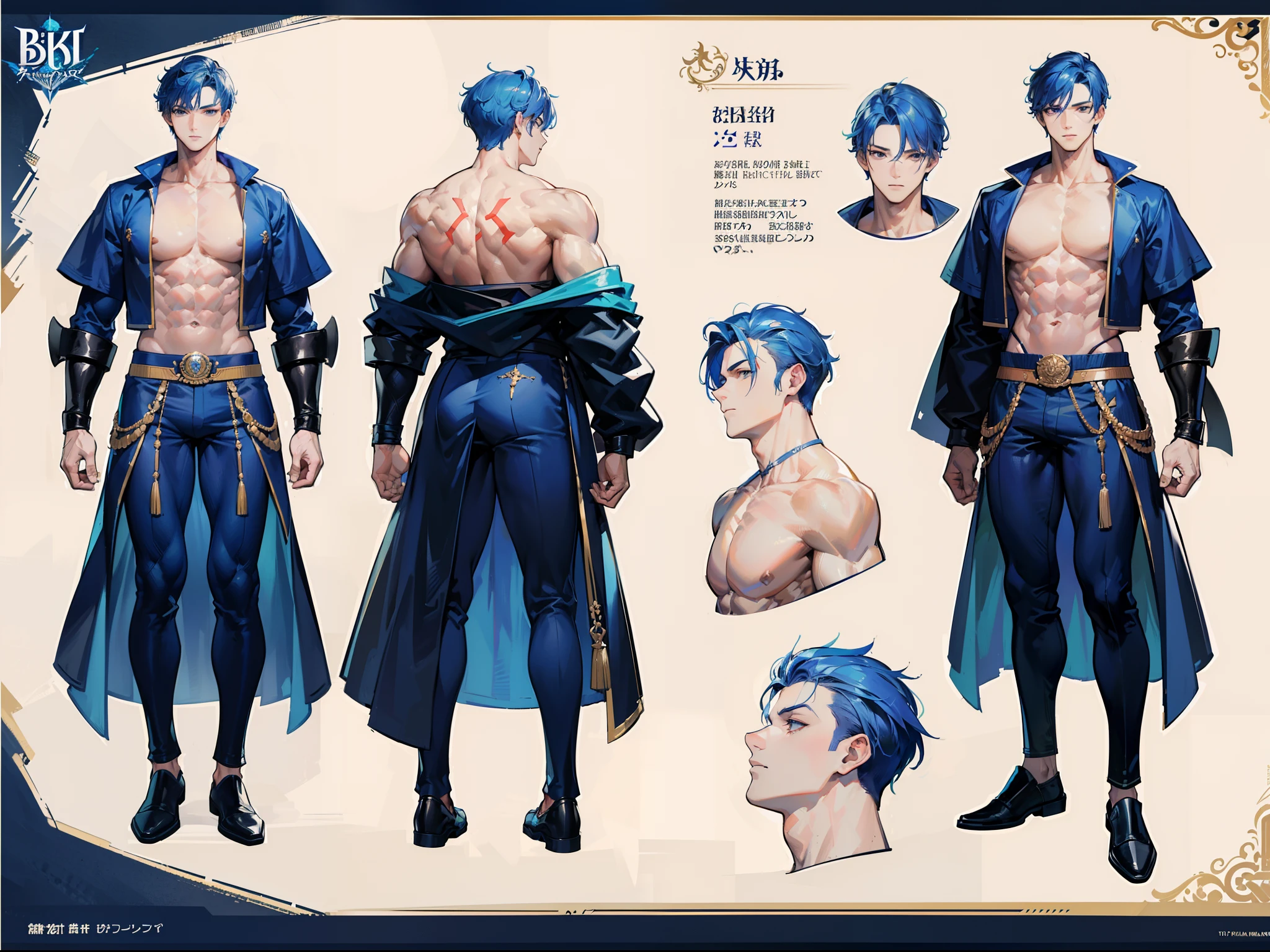 ((Masterpiece, Highest quality)), Detailed face, character design sheet， full bodyesbian, Full of details, frontal body view, back body view, Highly detailed, Depth, Many parts, Muscle boy with blue hair，handsome man, navy, commander, man tall, pectoral muscles, abs