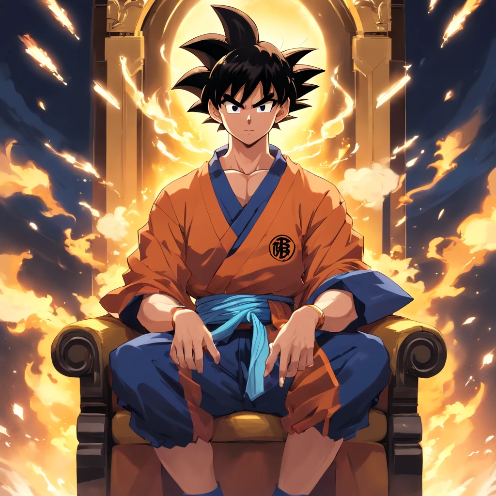 Goku usando uma roupa social preta, sitting on a royal throne with a cigarette in his hand, serious look, expression serious, incredible details, nuvens amarelas ao fundo